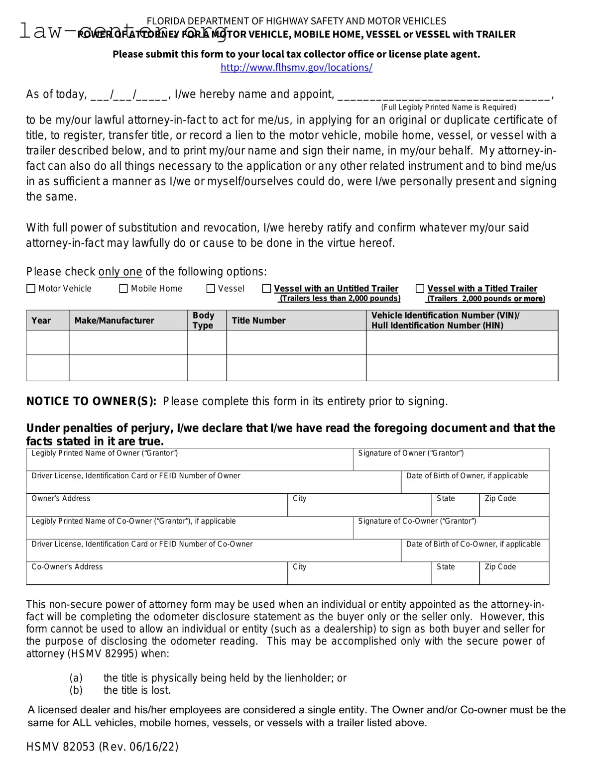 Get Florida Vehicle POA form 82053 Form
