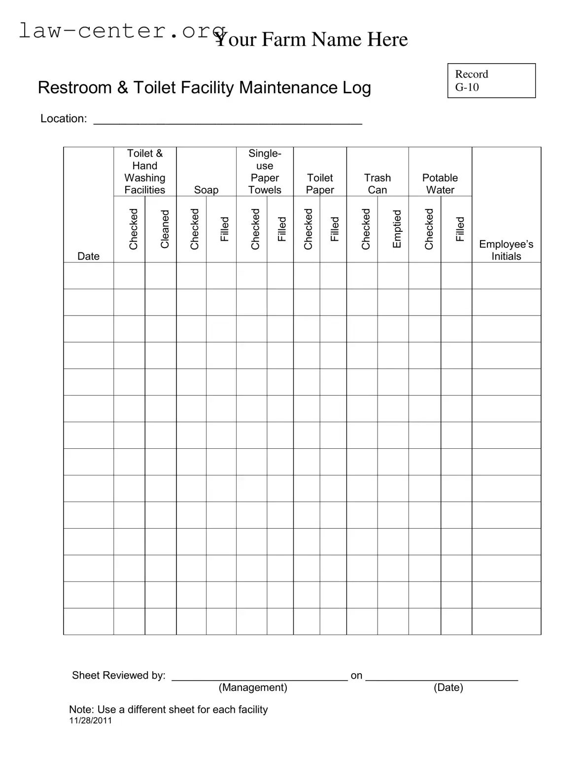 Get Bathroom Cleaning Log Sheet Form