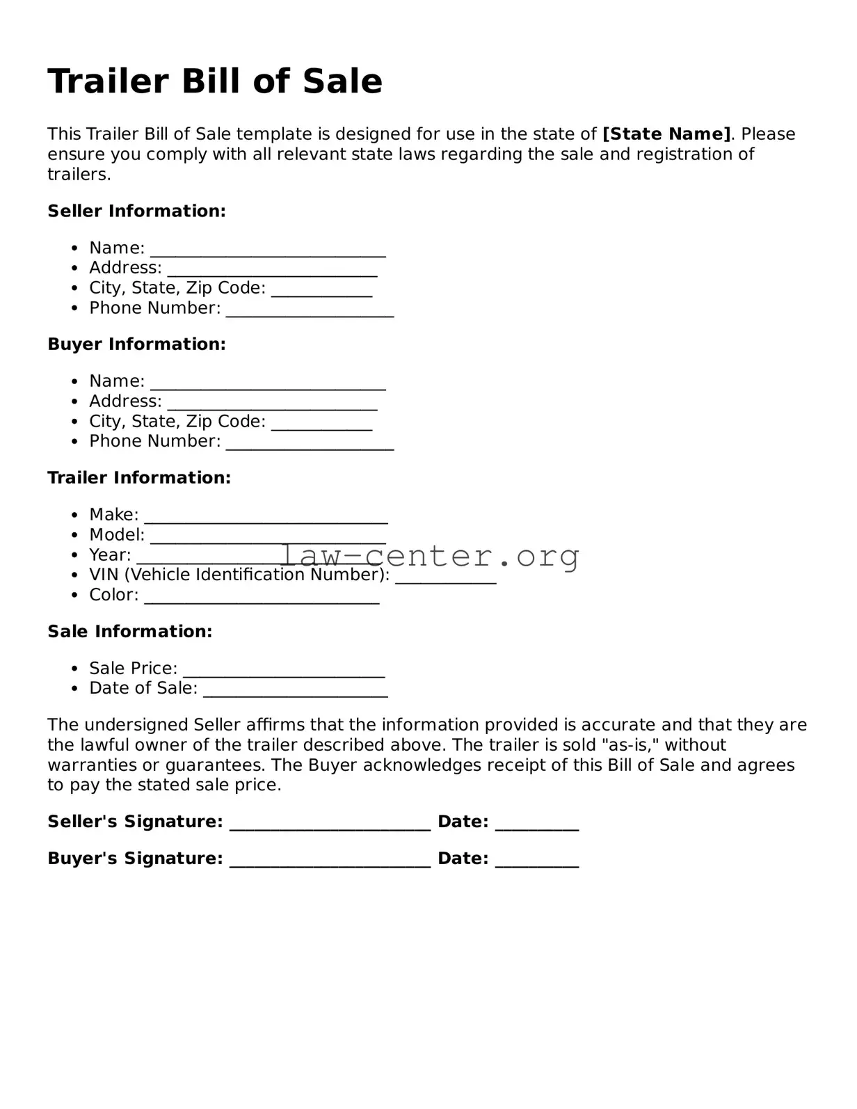Free Trailer Bill of Sale Template