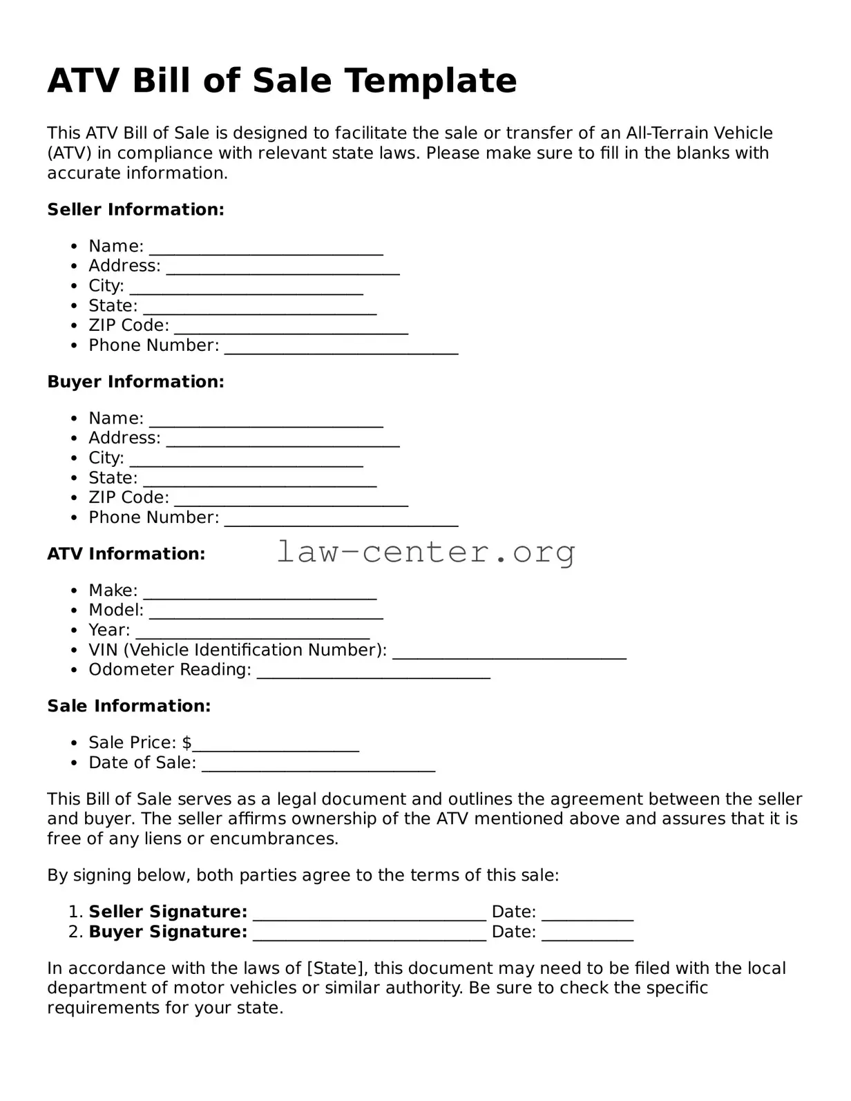 Free ATV Bill of Sale Template
