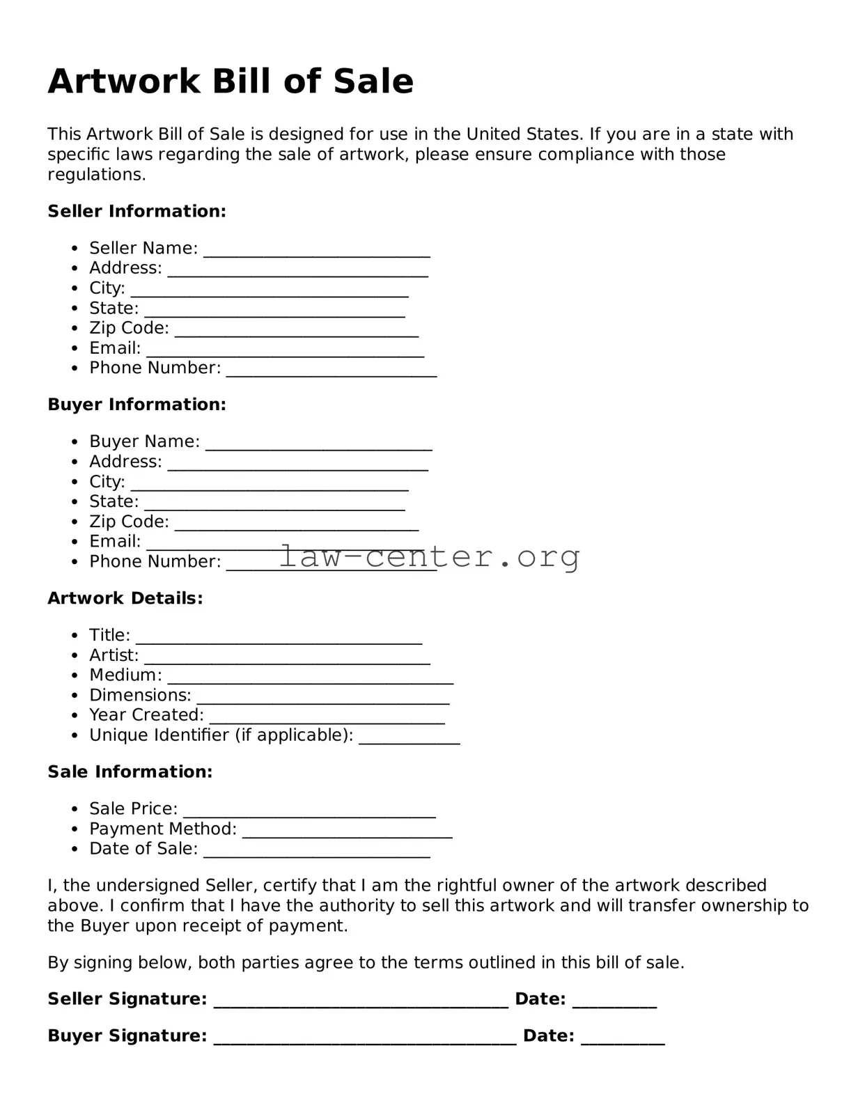 Free Artwork Bill of Sale Template
