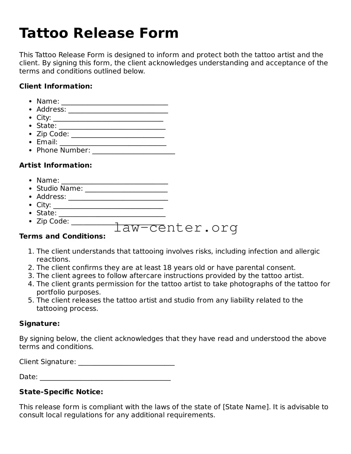 Free Tattoo Release Template