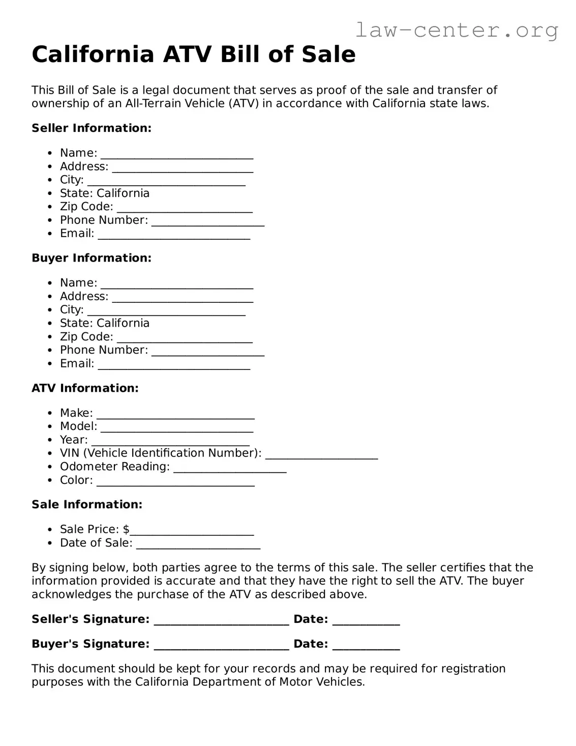 Attorney-Approved California ATV Bill of Sale Document