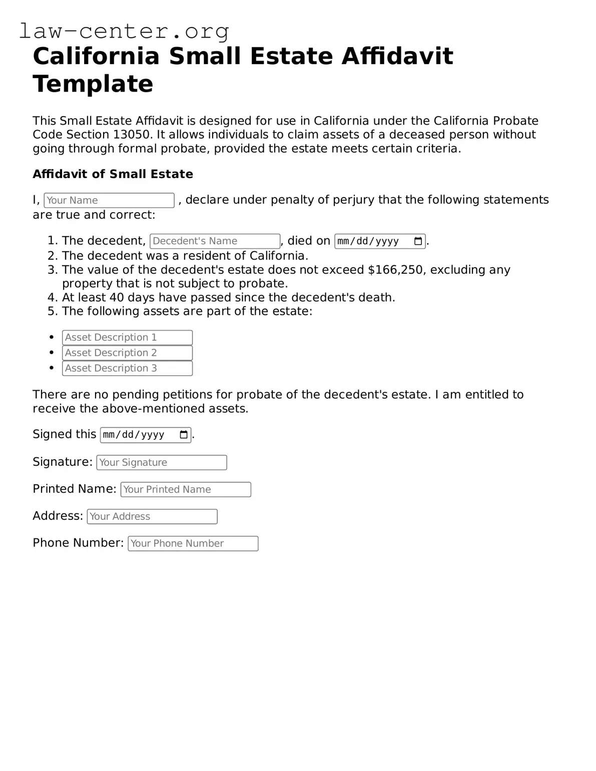 Attorney-Approved California Small Estate Affidavit Document