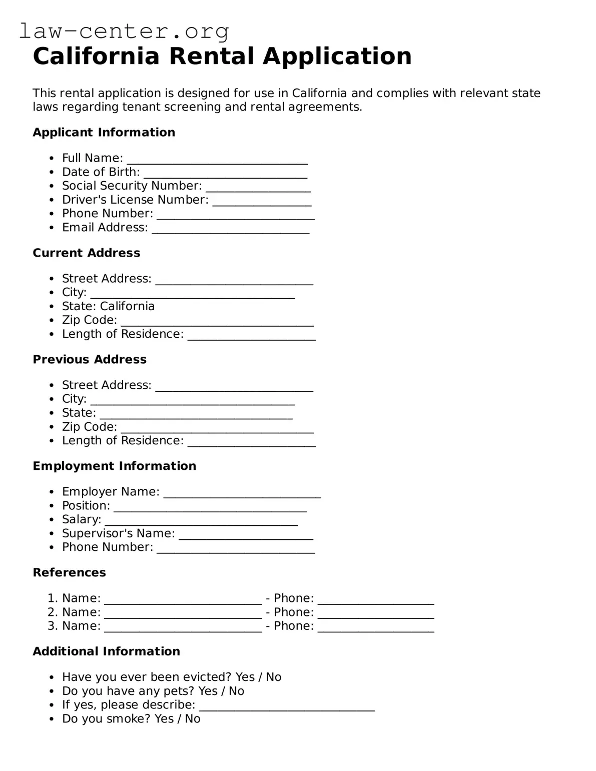 Attorney-Approved California Rental Application Document