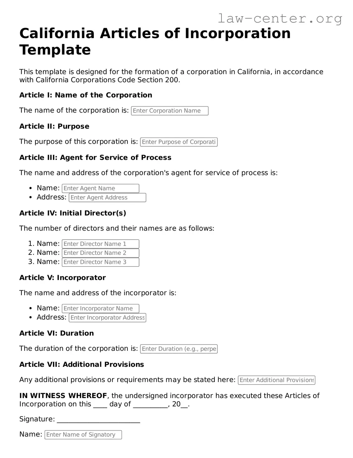 Attorney-Approved California Articles of Incorporation Document