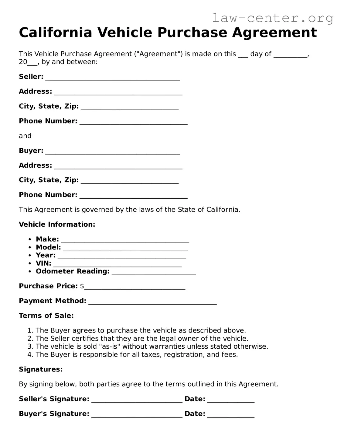 Attorney-Approved California Vehicle Purchase Agreement Document