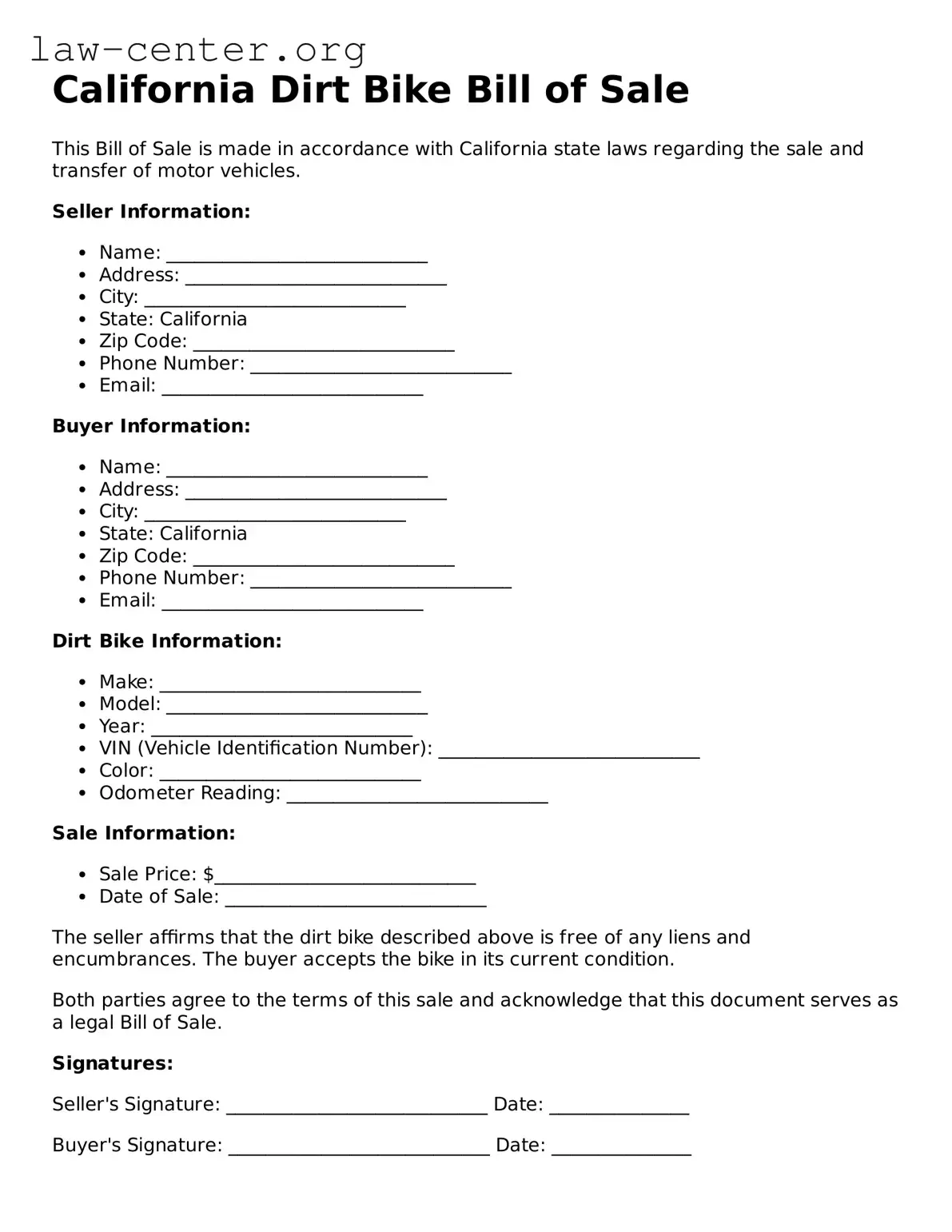 Attorney-Approved California Dirt Bike Bill of Sale Document