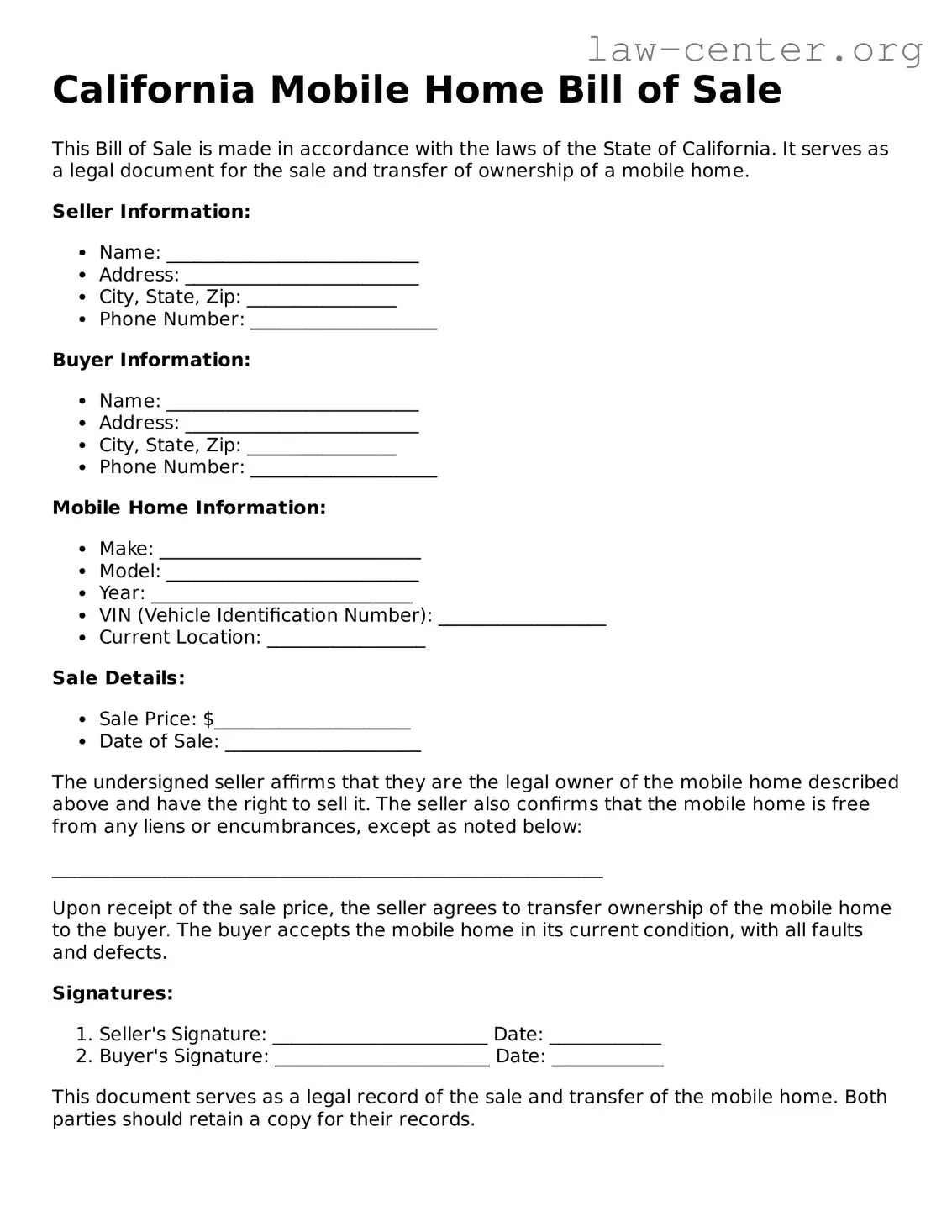 Attorney-Approved California Mobile Home Bill of Sale Document