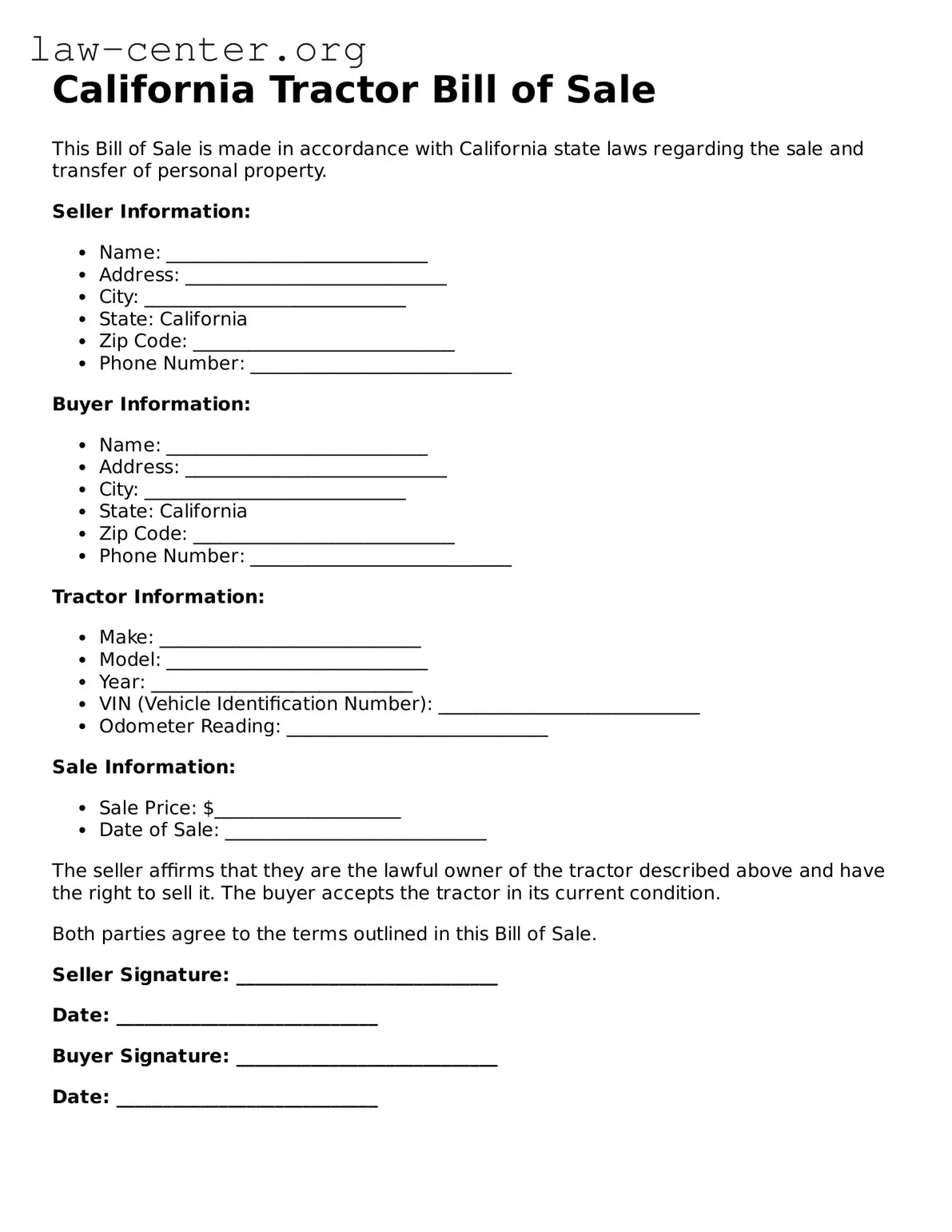 Attorney-Approved California Tractor Bill of Sale Document