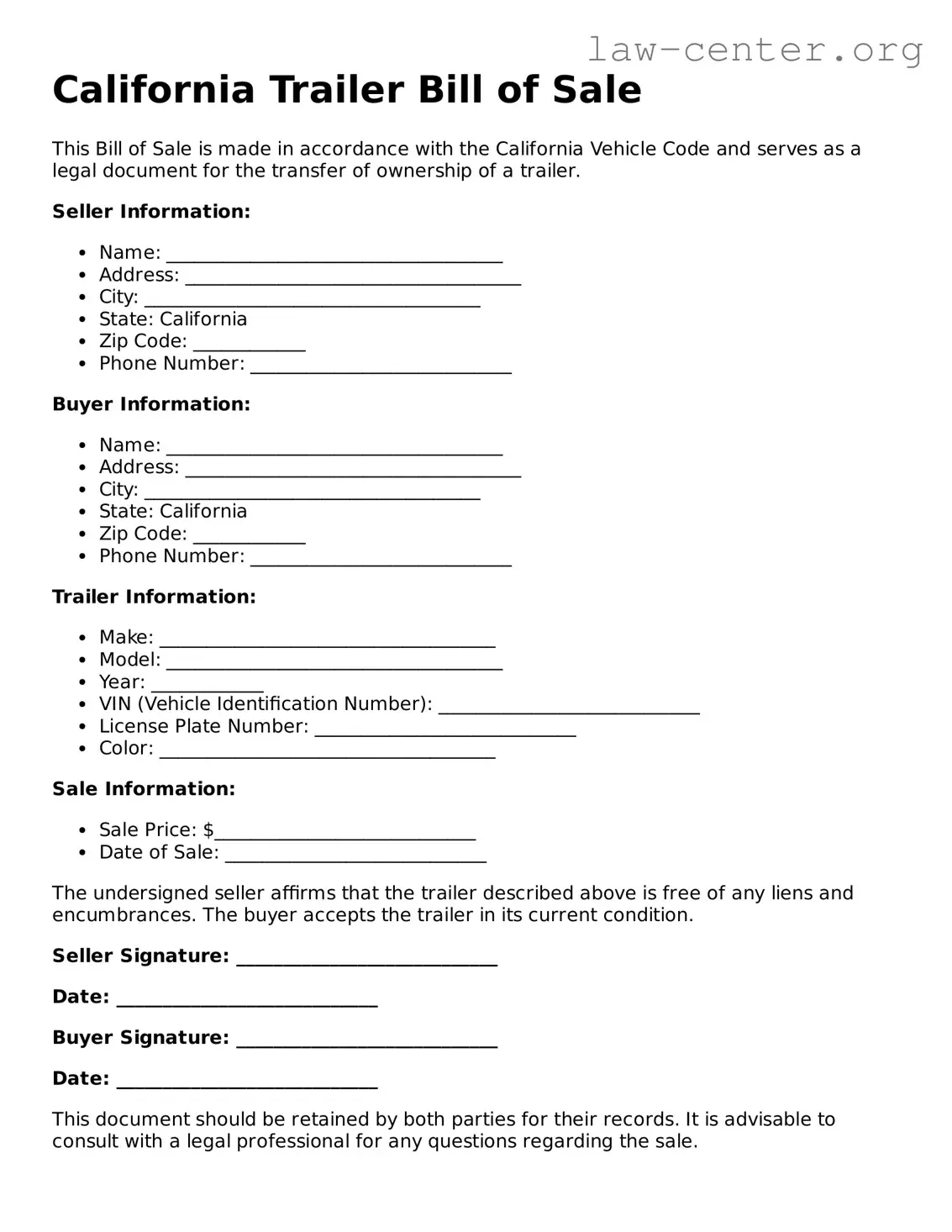 Attorney-Approved California Trailer Bill of Sale Document