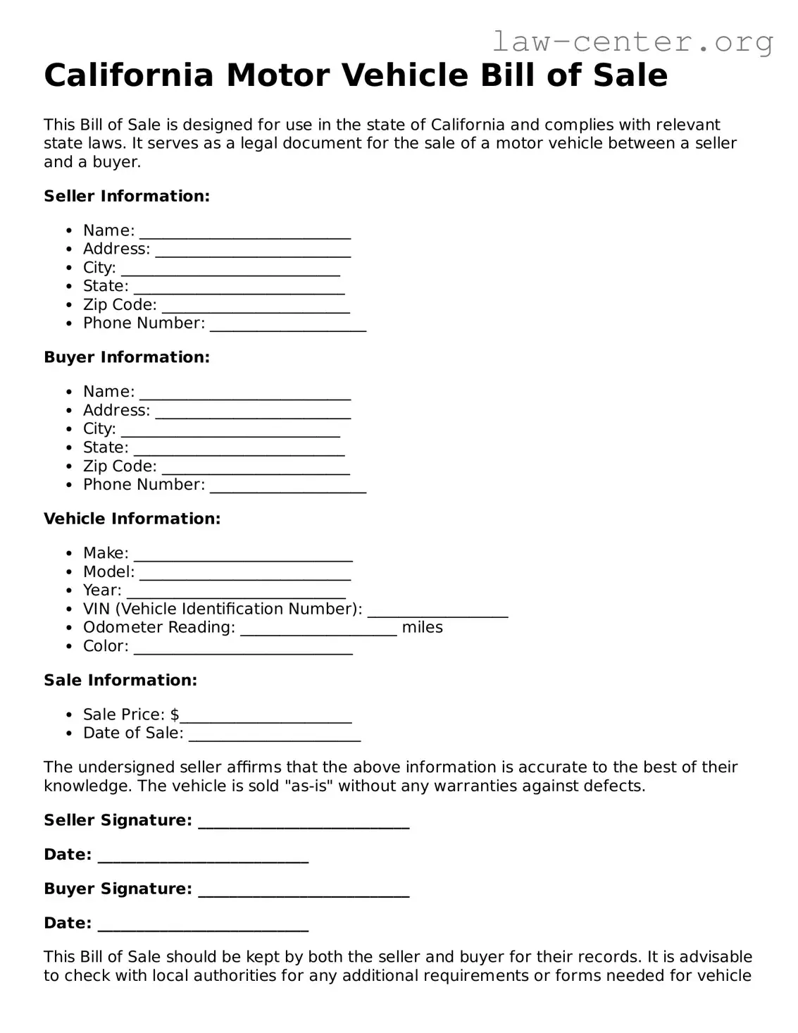 Attorney-Approved California Motor Vehicle Bill of Sale Document
