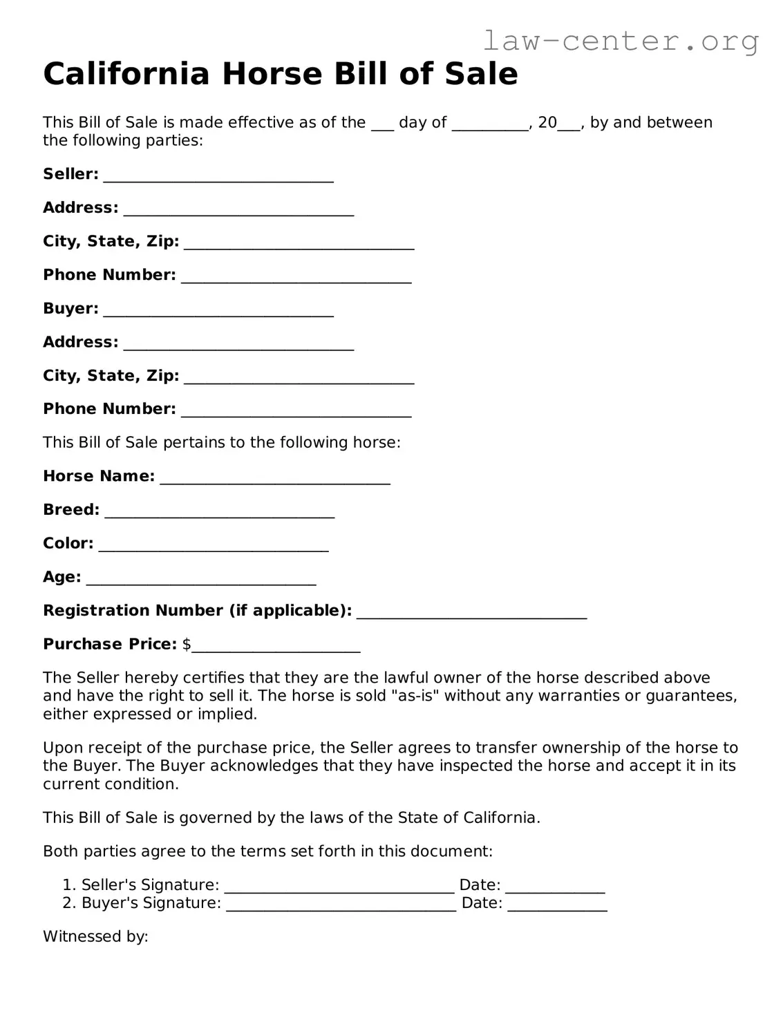 Attorney-Approved California Horse Bill of Sale Document