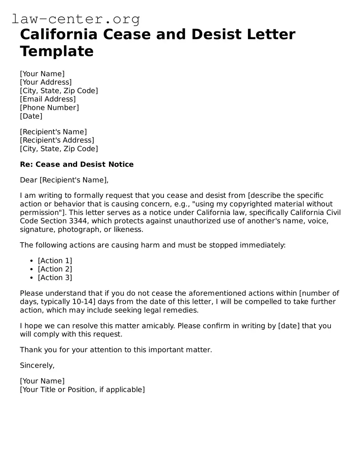 Attorney-Approved California Cease and Desist Letter Document