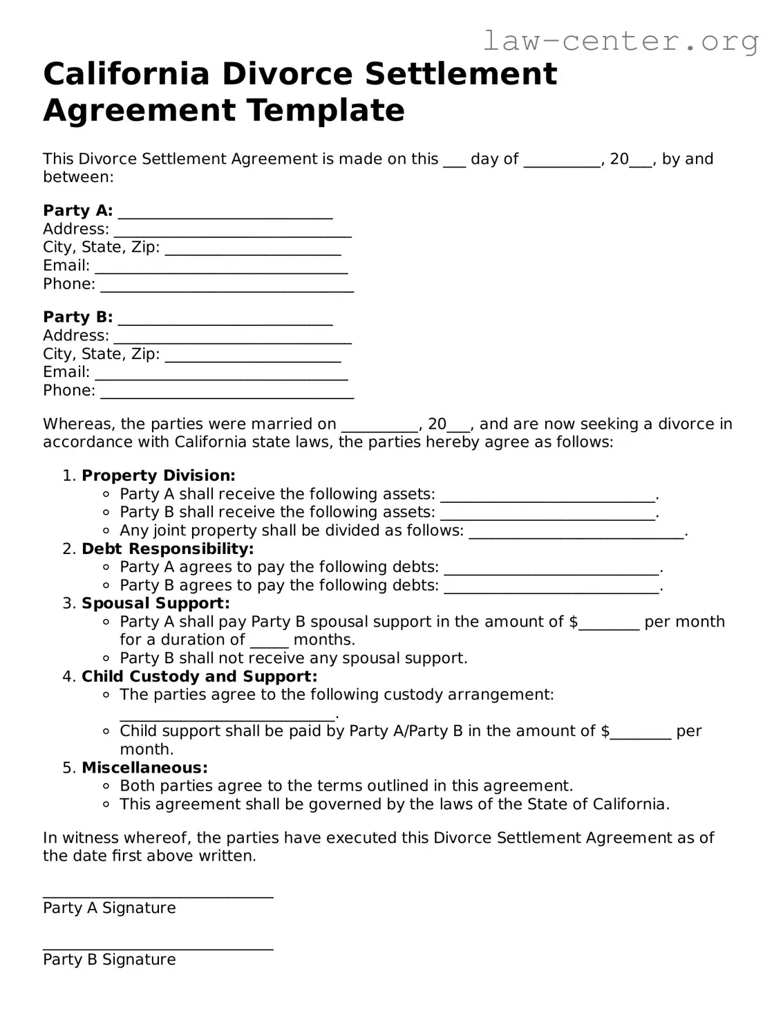 Attorney-Approved California Divorce Settlement Agreement Document