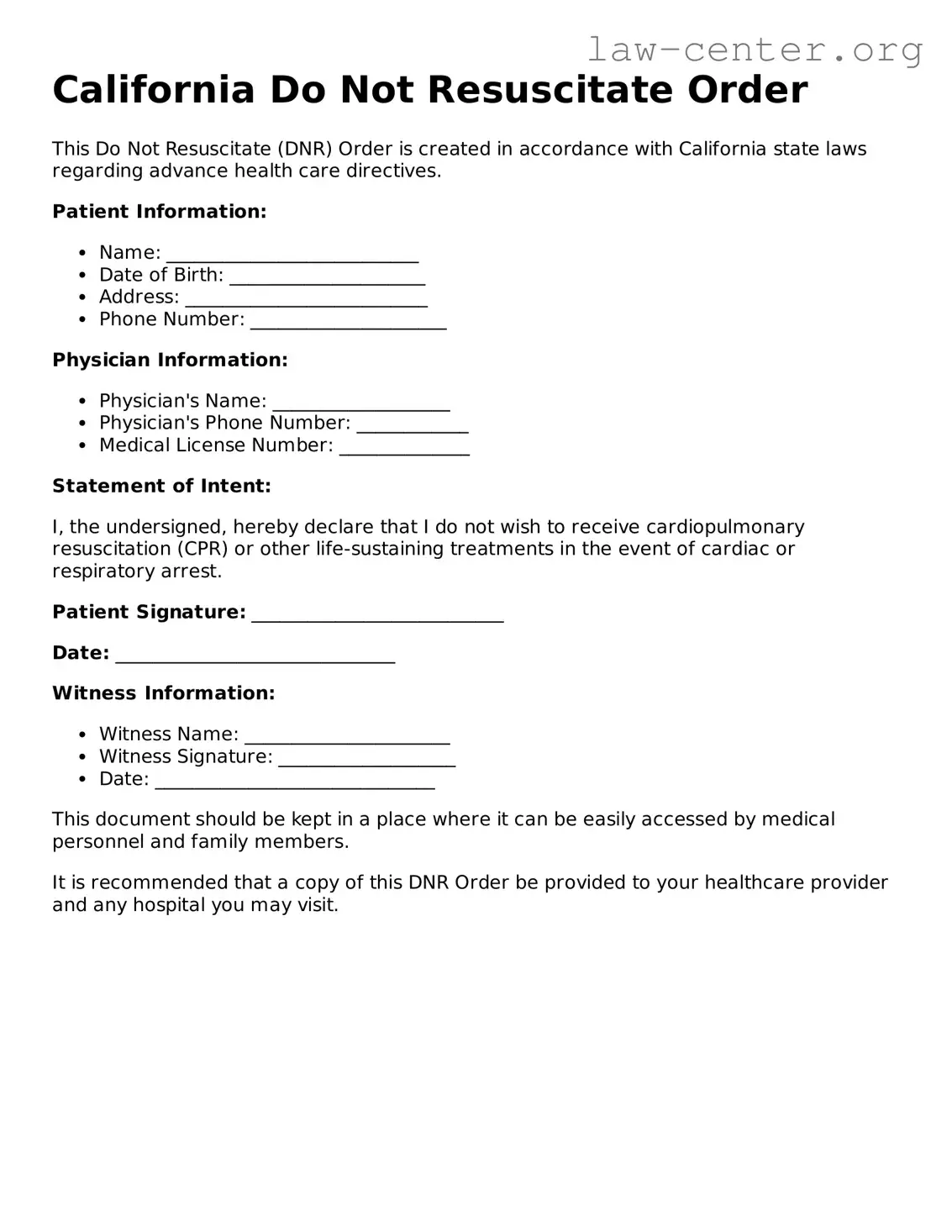 Attorney-Approved California Do Not Resuscitate Order Document