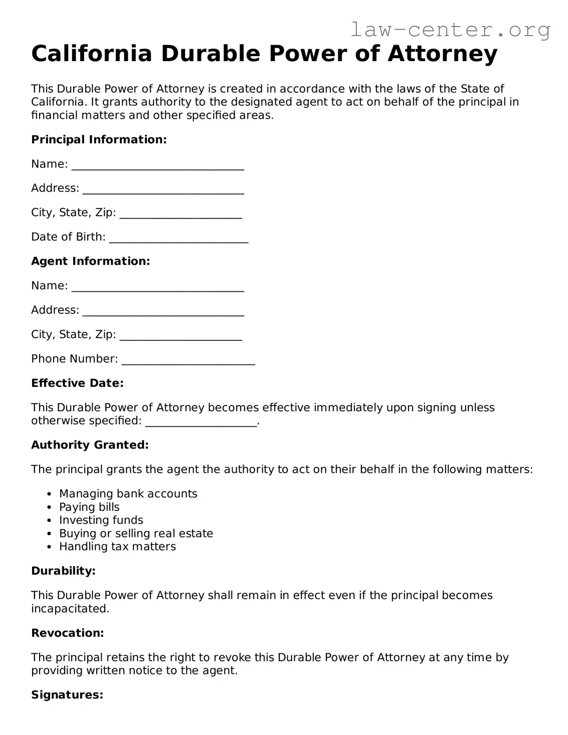 Attorney-Approved California Durable Power of Attorney Document