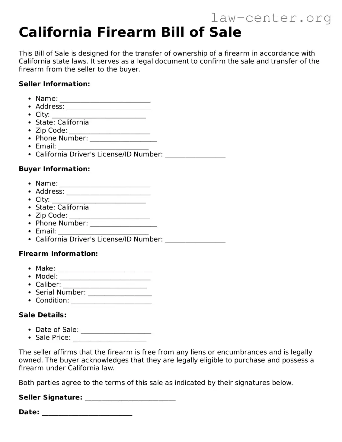 Attorney-Approved California Firearm Bill of Sale Document