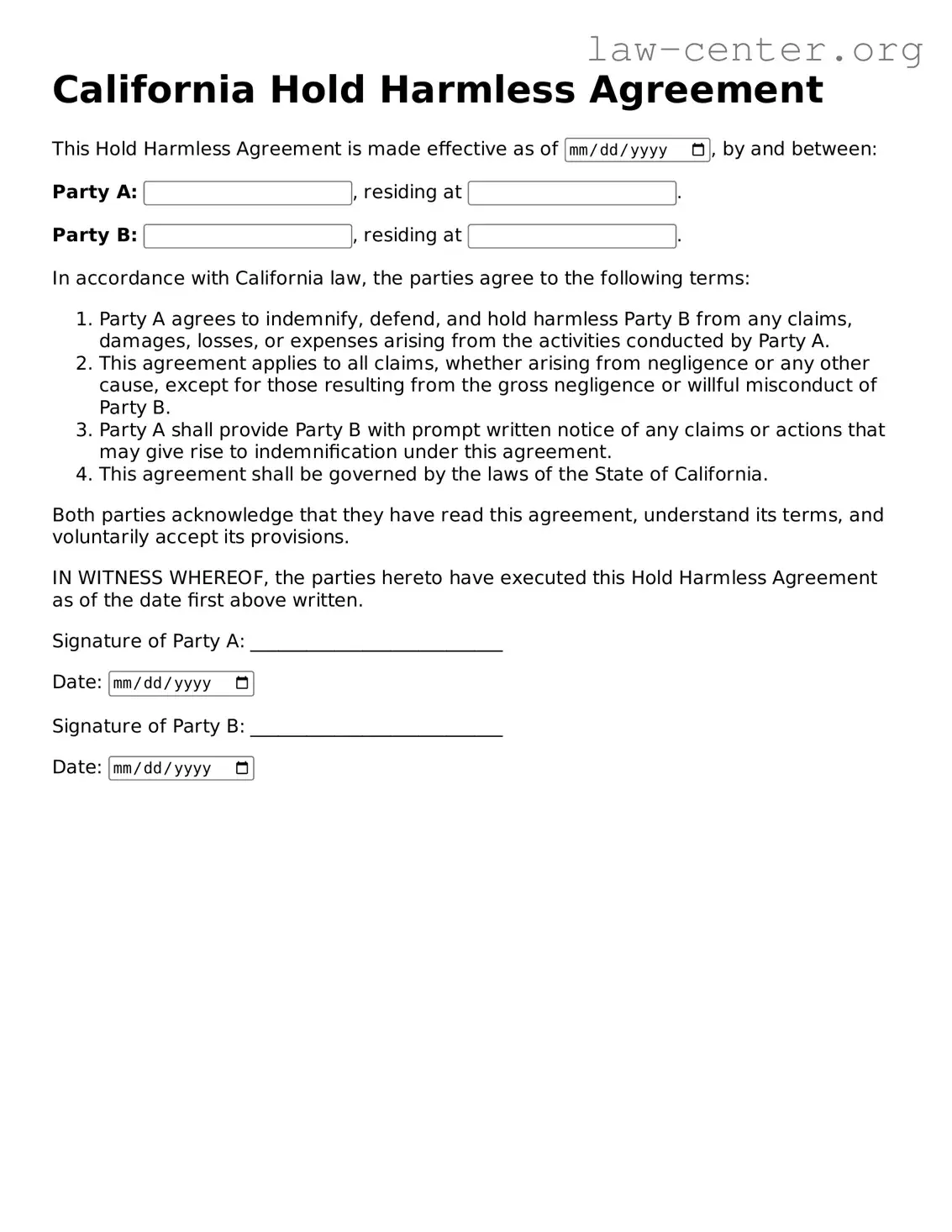 Attorney-Approved California Hold Harmless Agreement Document