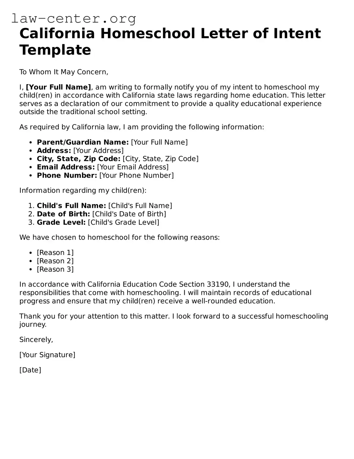 Attorney-Approved California Homeschool Letter of Intent Document
