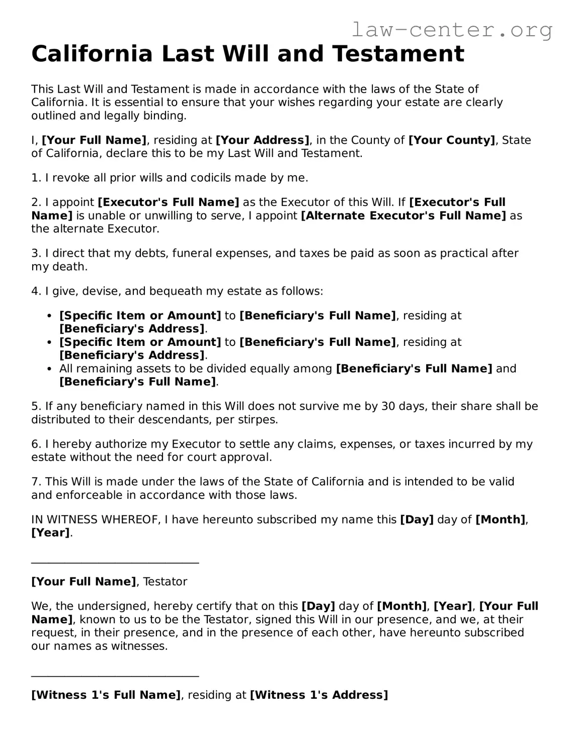 Attorney-Approved California Last Will and Testament Document
