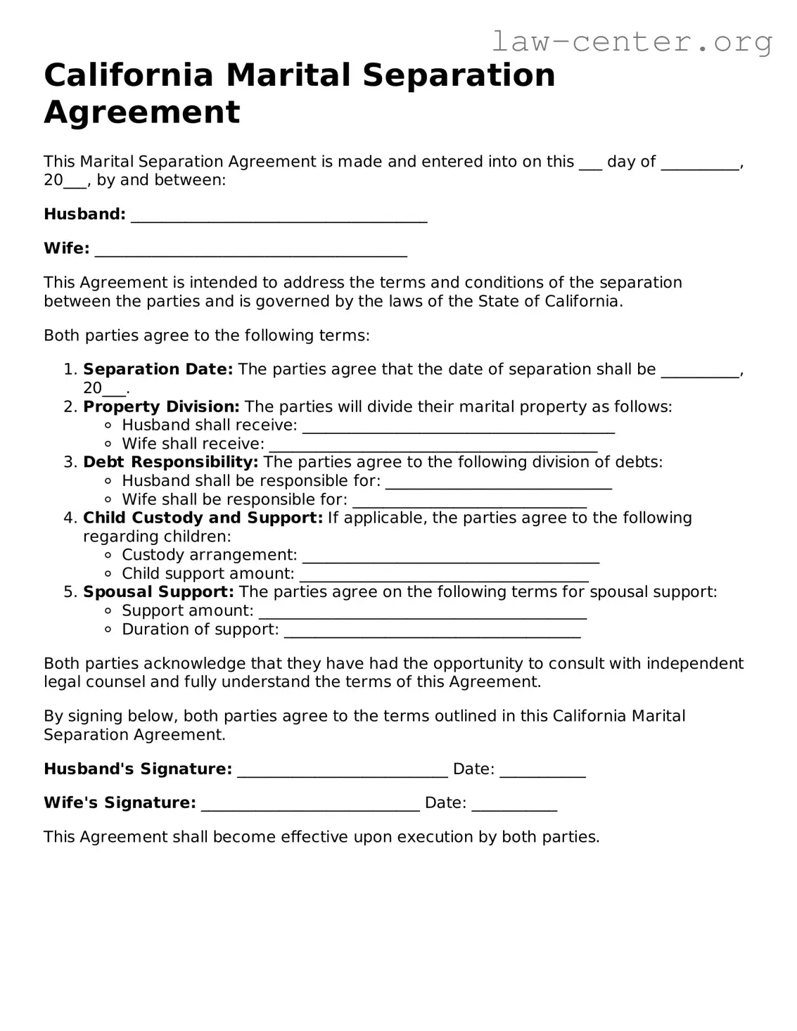 Attorney-Approved California Marital Separation Agreement Document