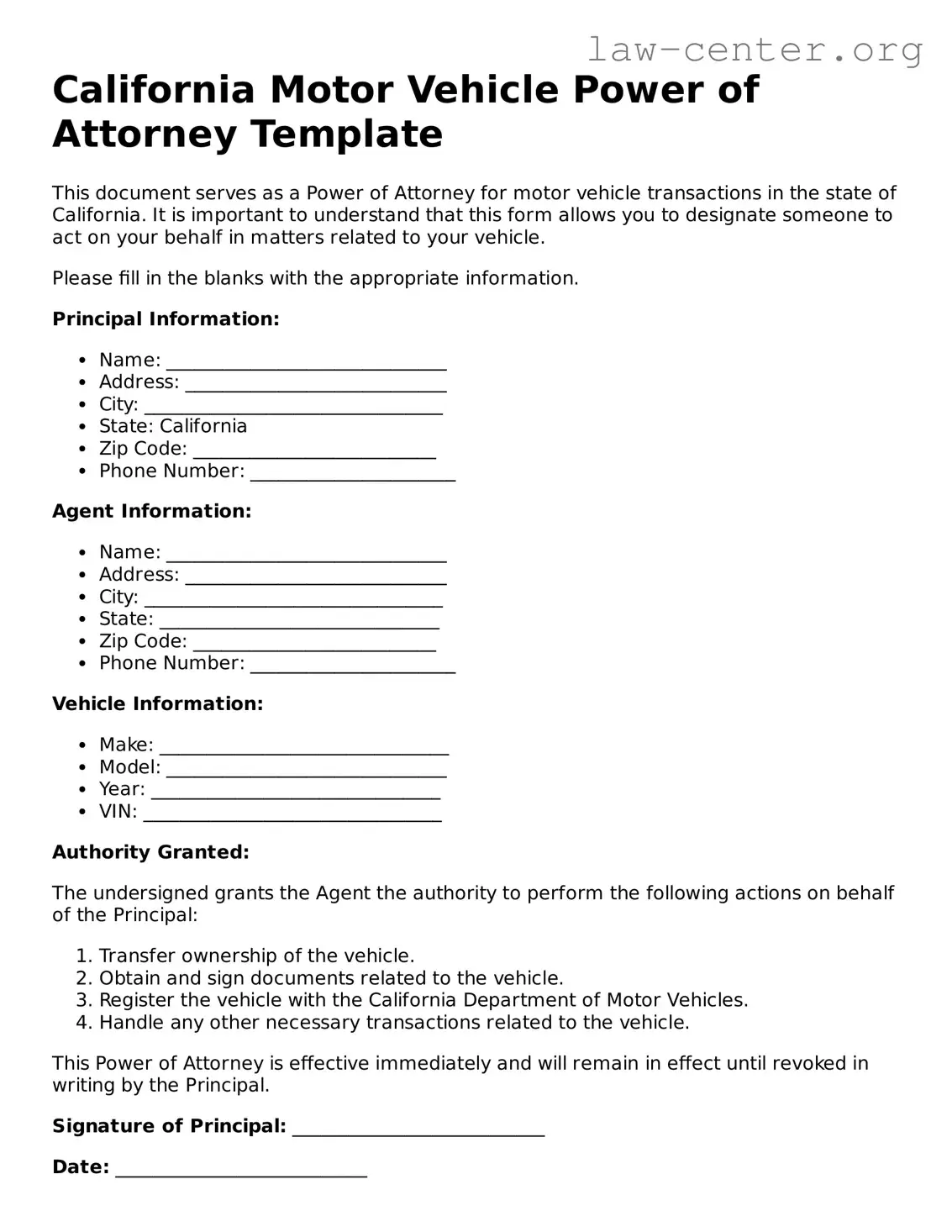 Attorney-Approved California Motor Vehicle Power of Attorney Document