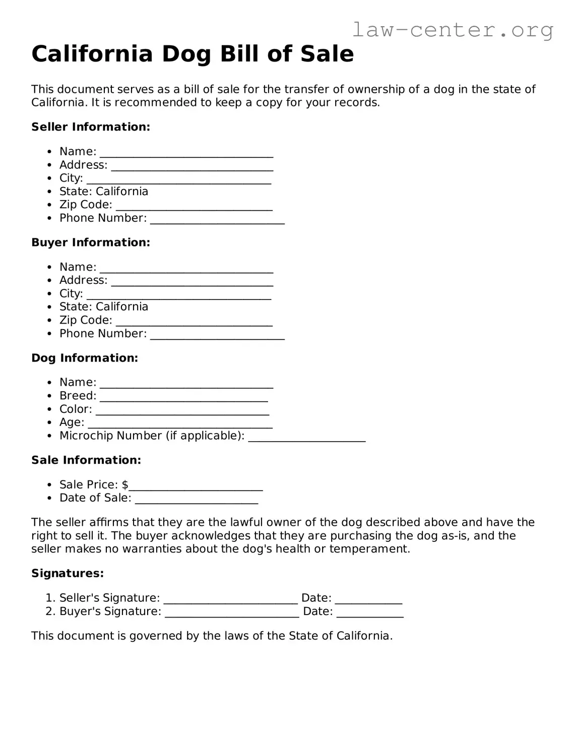 Attorney-Approved California Dog Bill of Sale Document