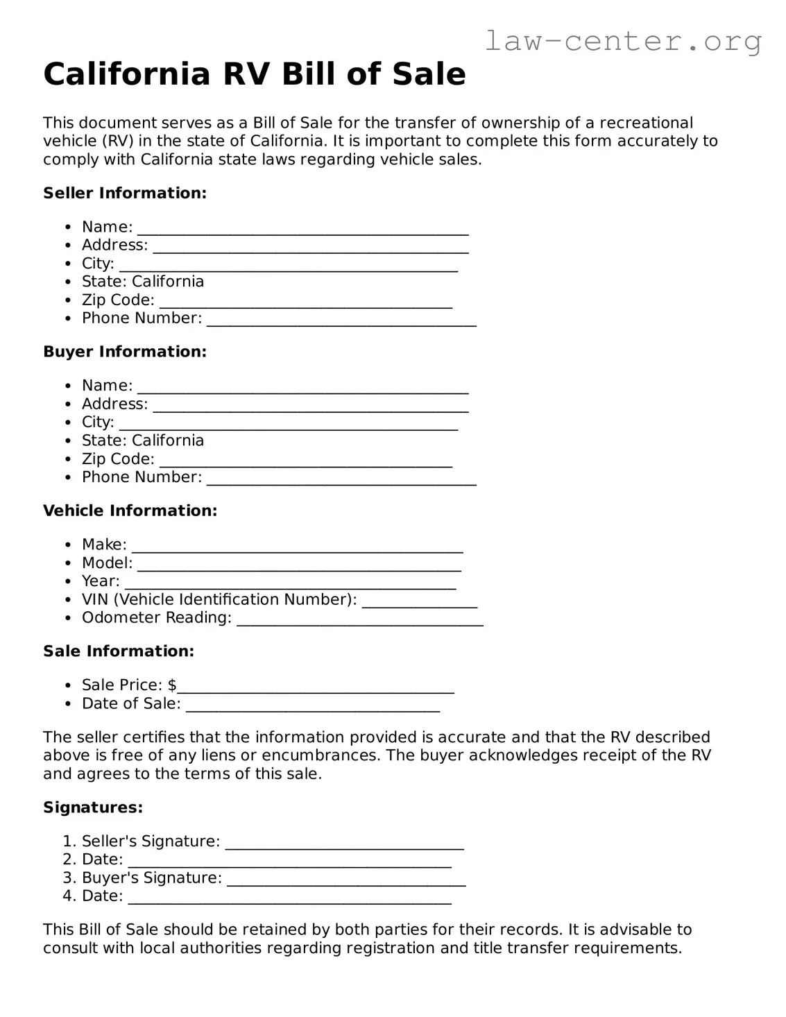 Attorney-Approved California RV Bill of Sale Document