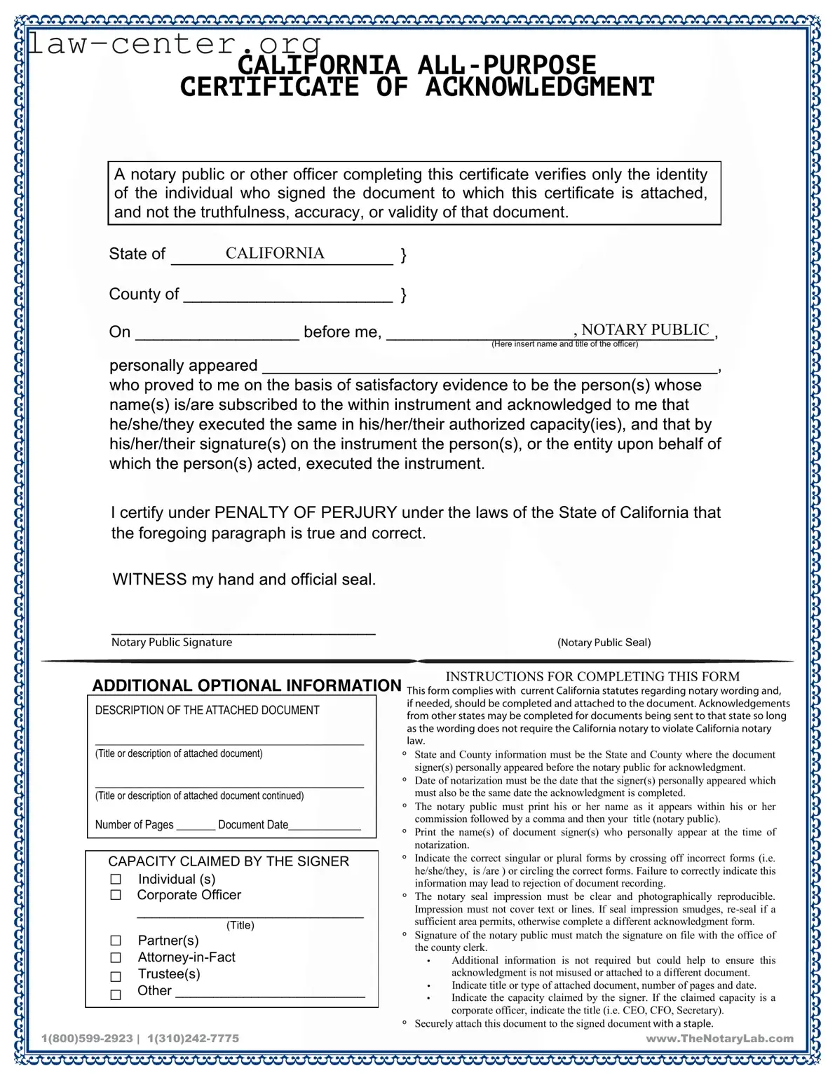 Get California Acknowledgement Certificate Form