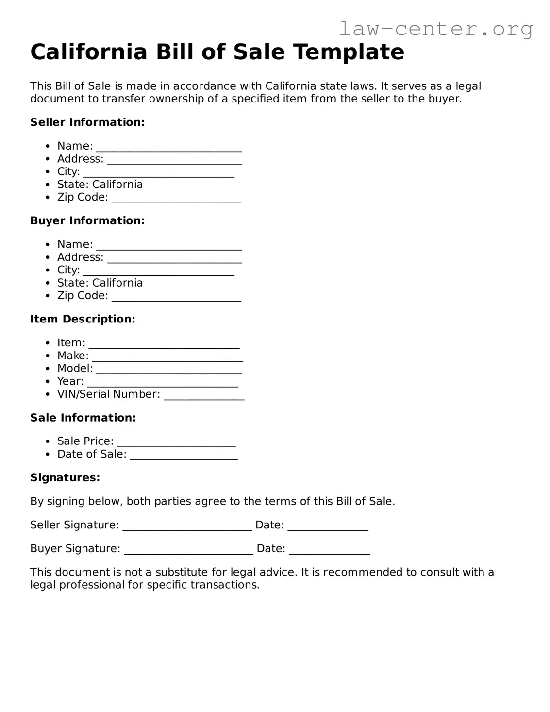 Attorney-Approved California Bill of Sale Document