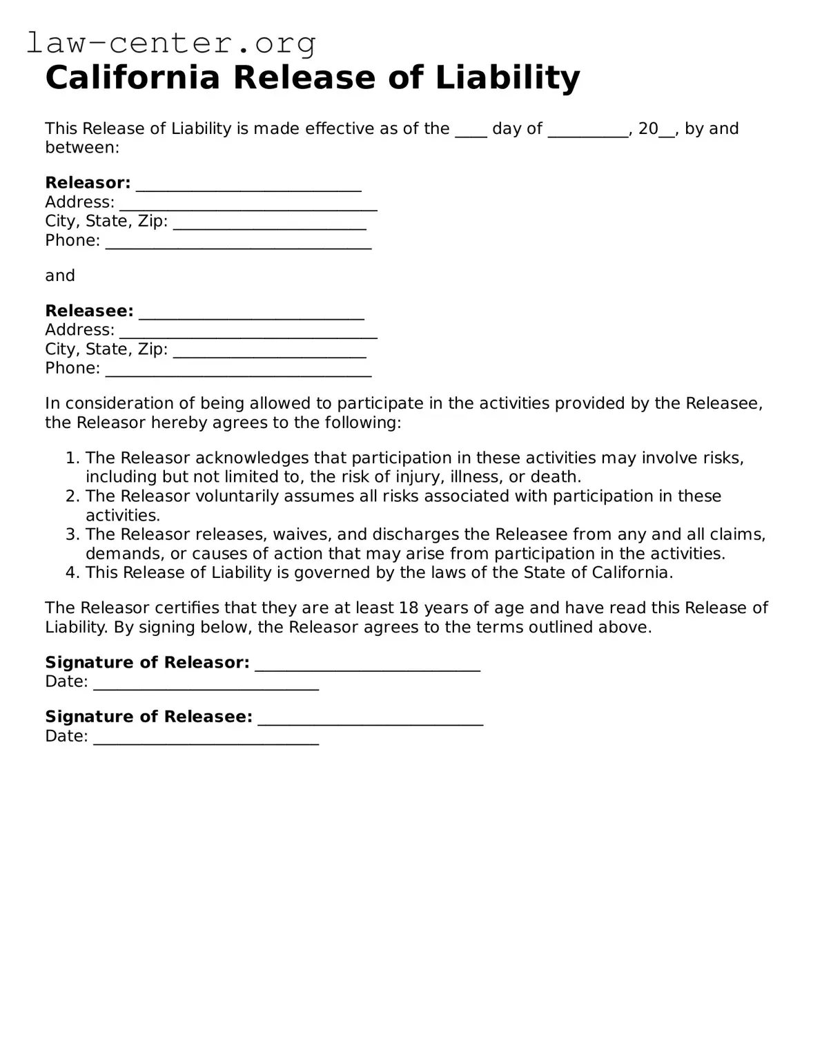 Attorney-Approved California Release of Liability Document