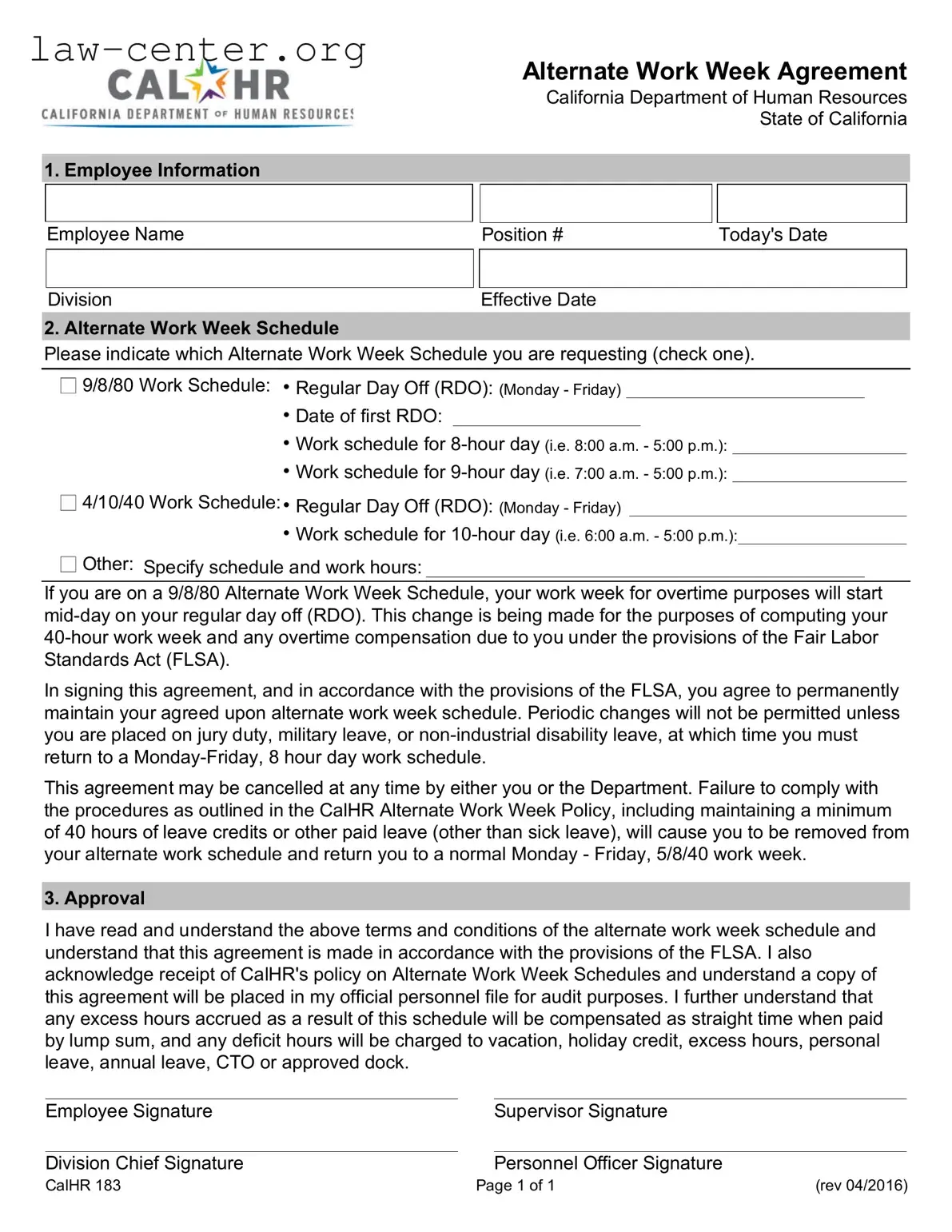 Get California Work Week Agreement Form