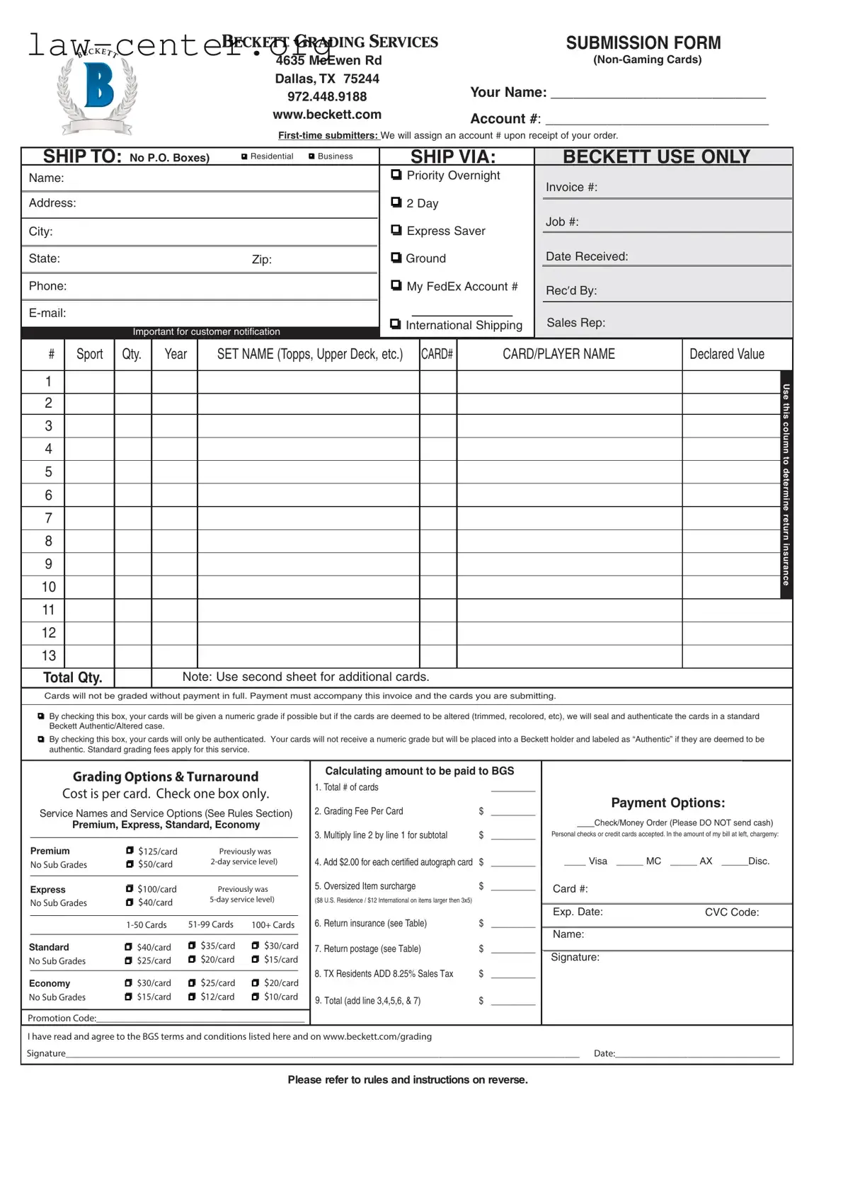 Get Beckett Grading Form