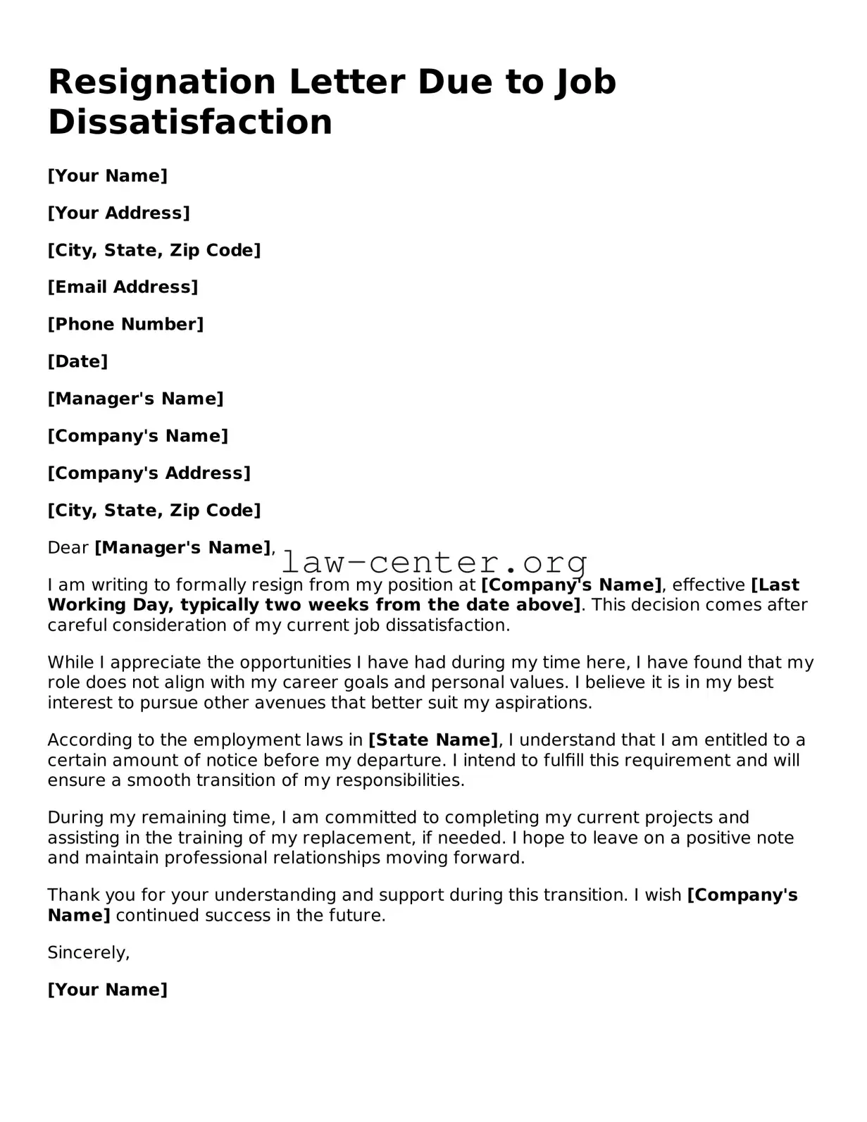 Free Resignation Letter Due to Job Dissatisfaction Template