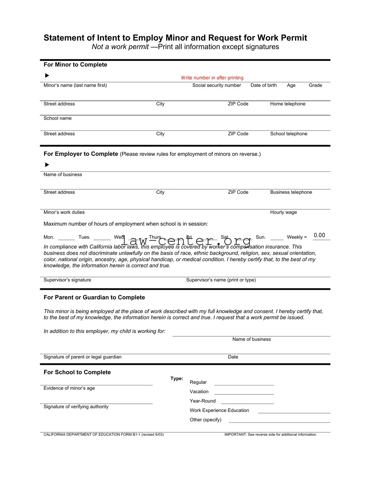 Get Statement of Intent to Employ Minor and Request for Work Permit Form