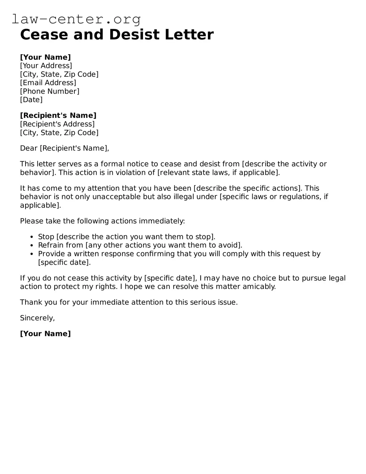Free Cease and Desist Letter Template