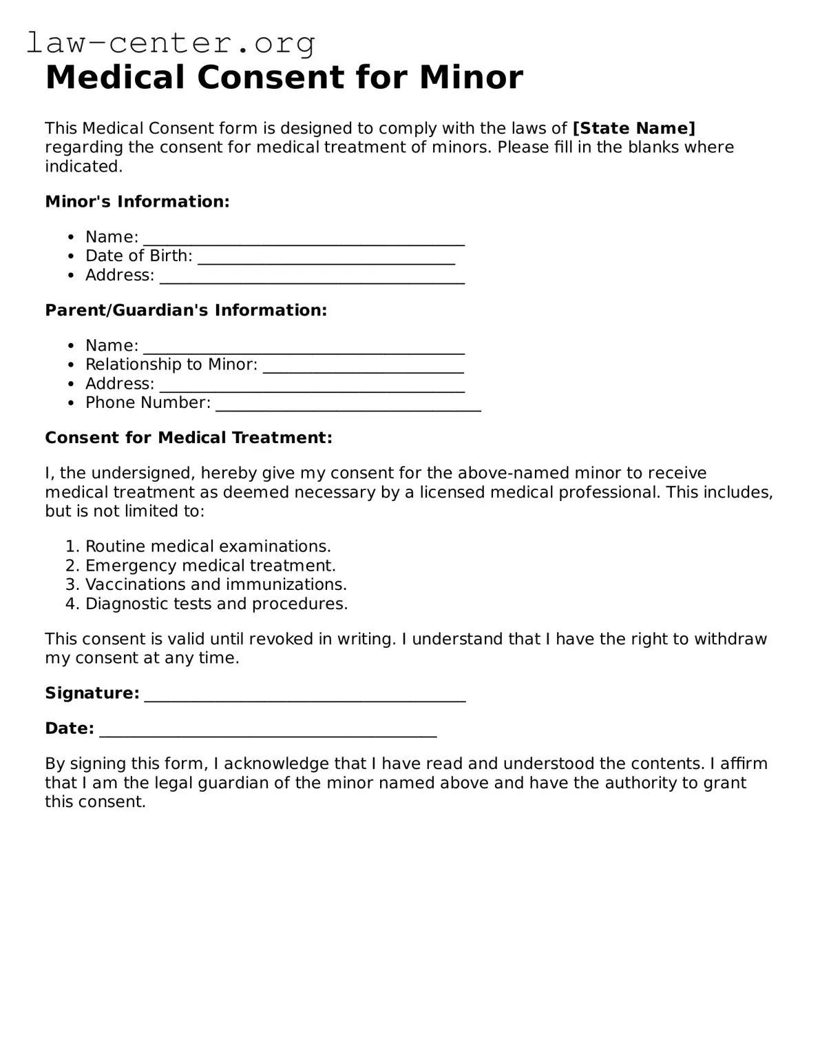 Free Medical Consent for Minor Template