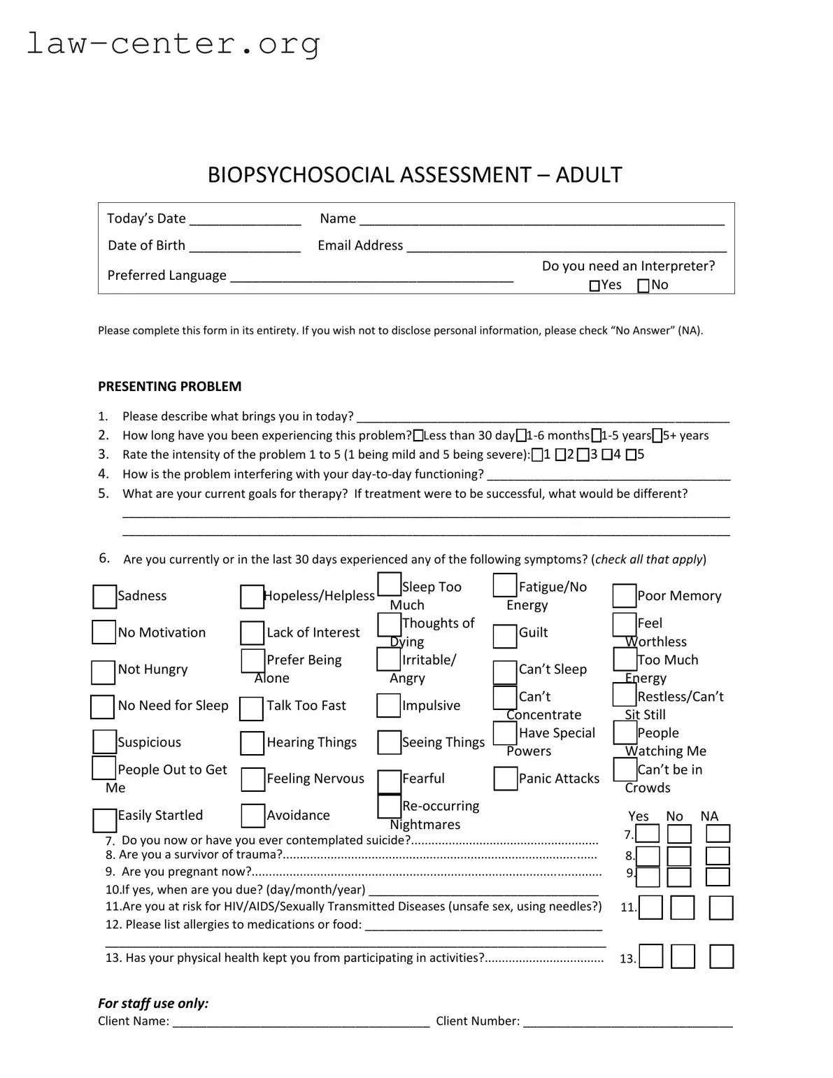 Get Biopsychosocial Assessment Social Work Form