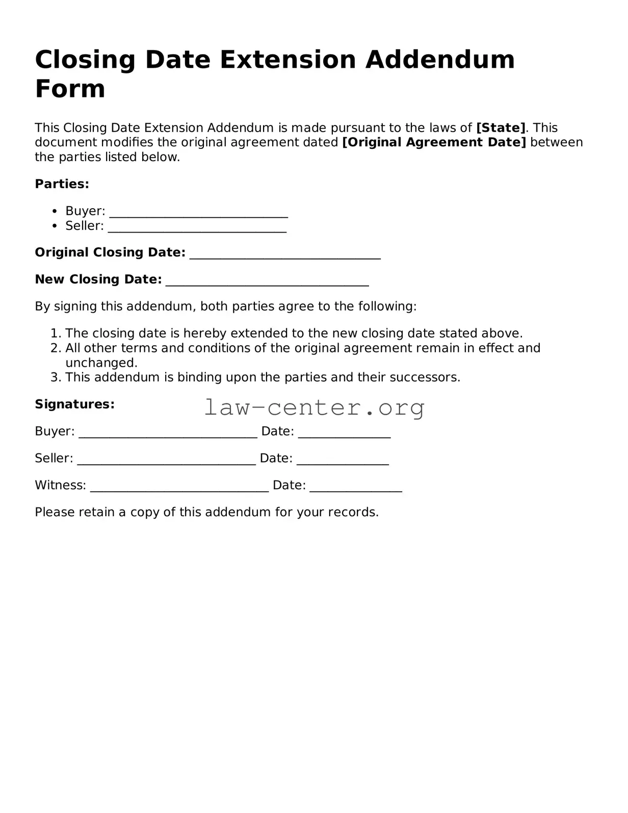 Free Closing Date Extension Addendum Form Template