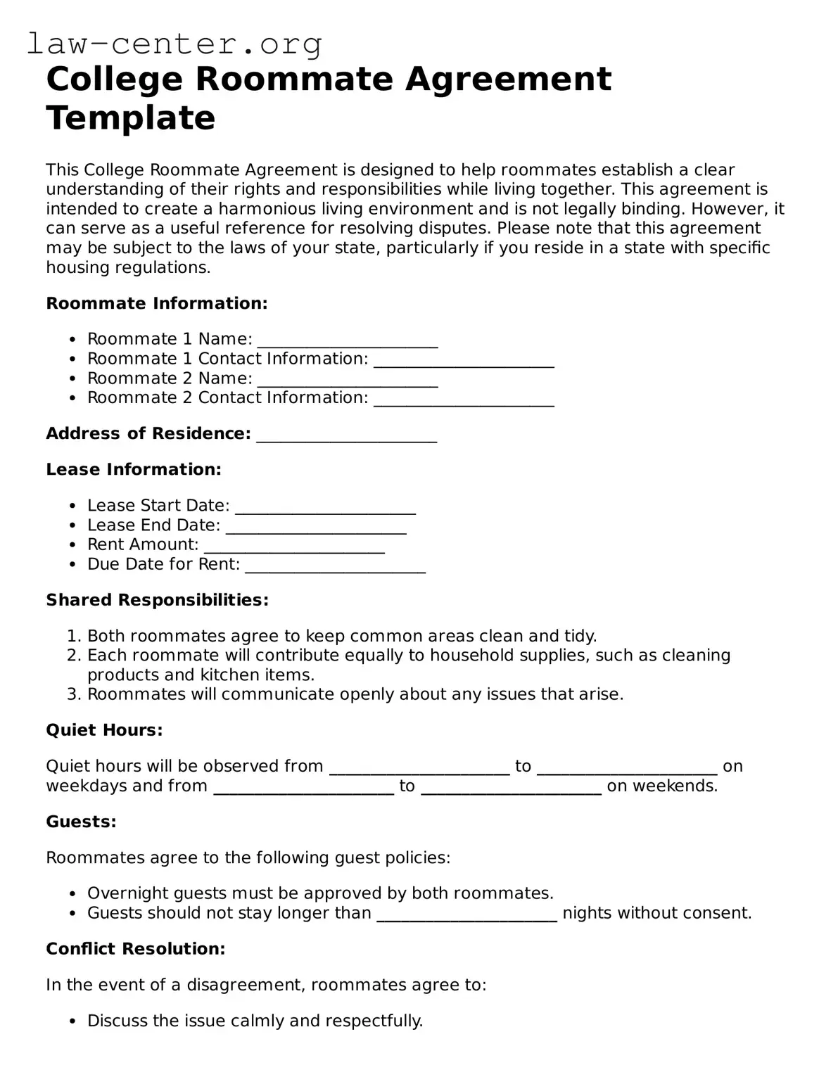 Free College Roommate Agreement Template
