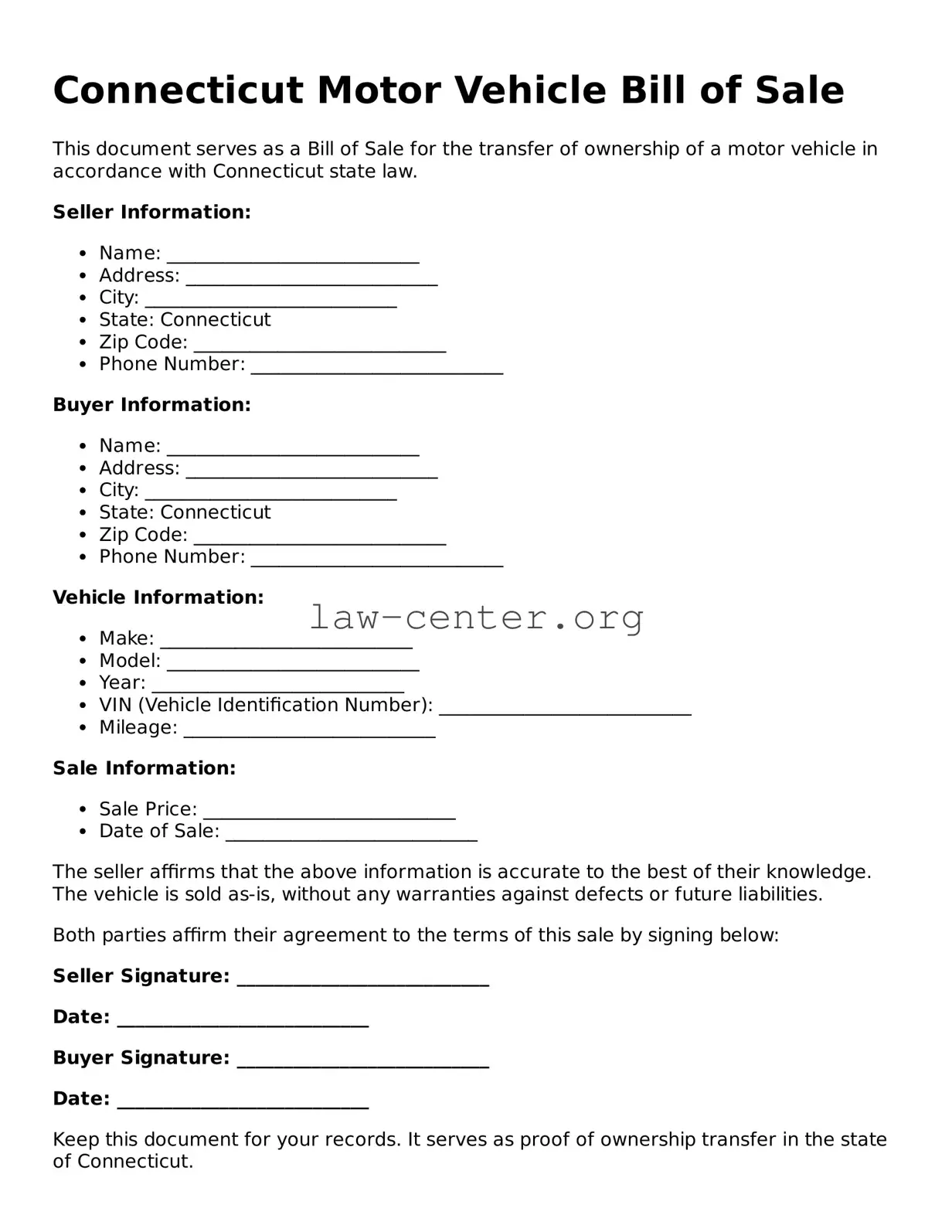 Attorney-Approved Connecticut Motor Vehicle Bill of Sale Document