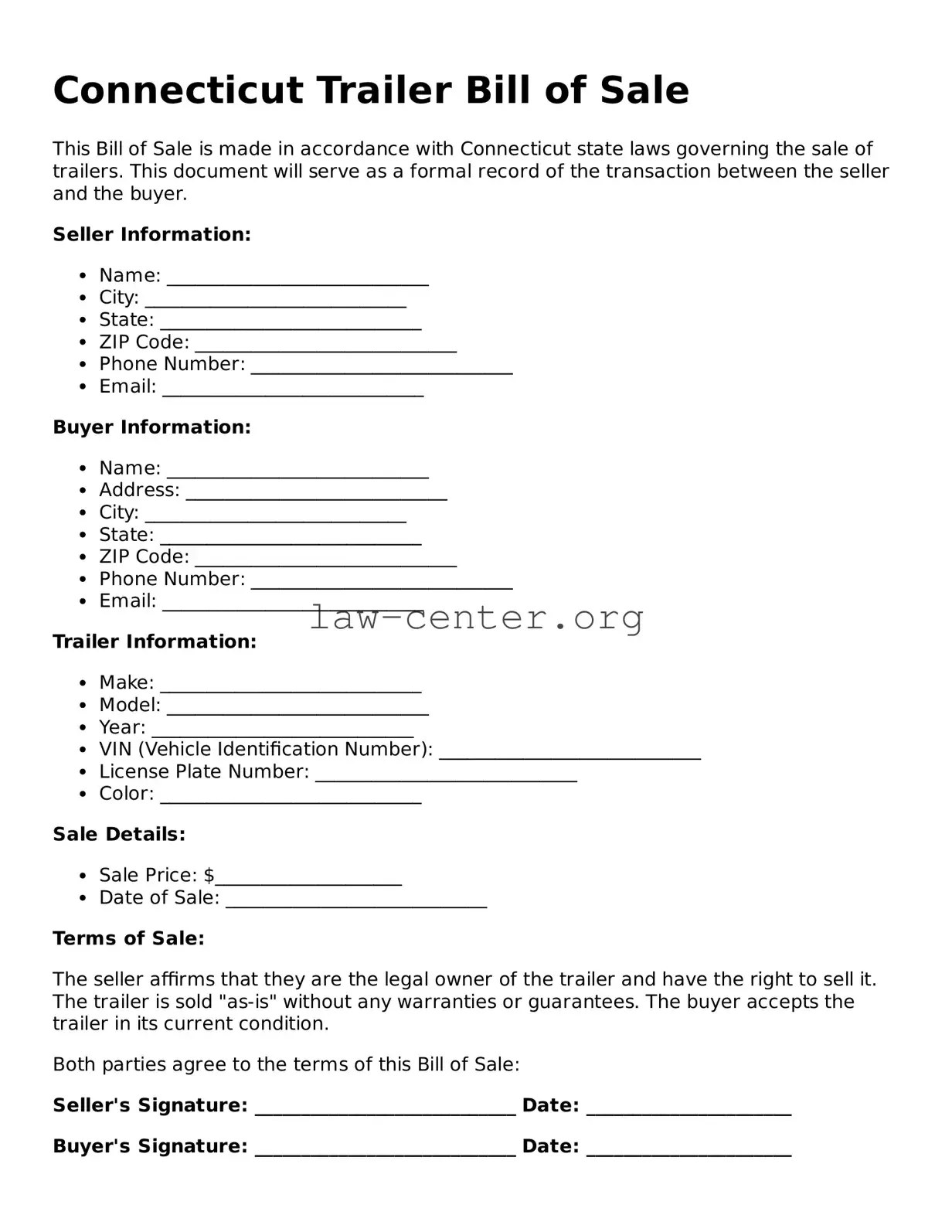 Attorney-Approved Connecticut Trailer Bill of Sale Document