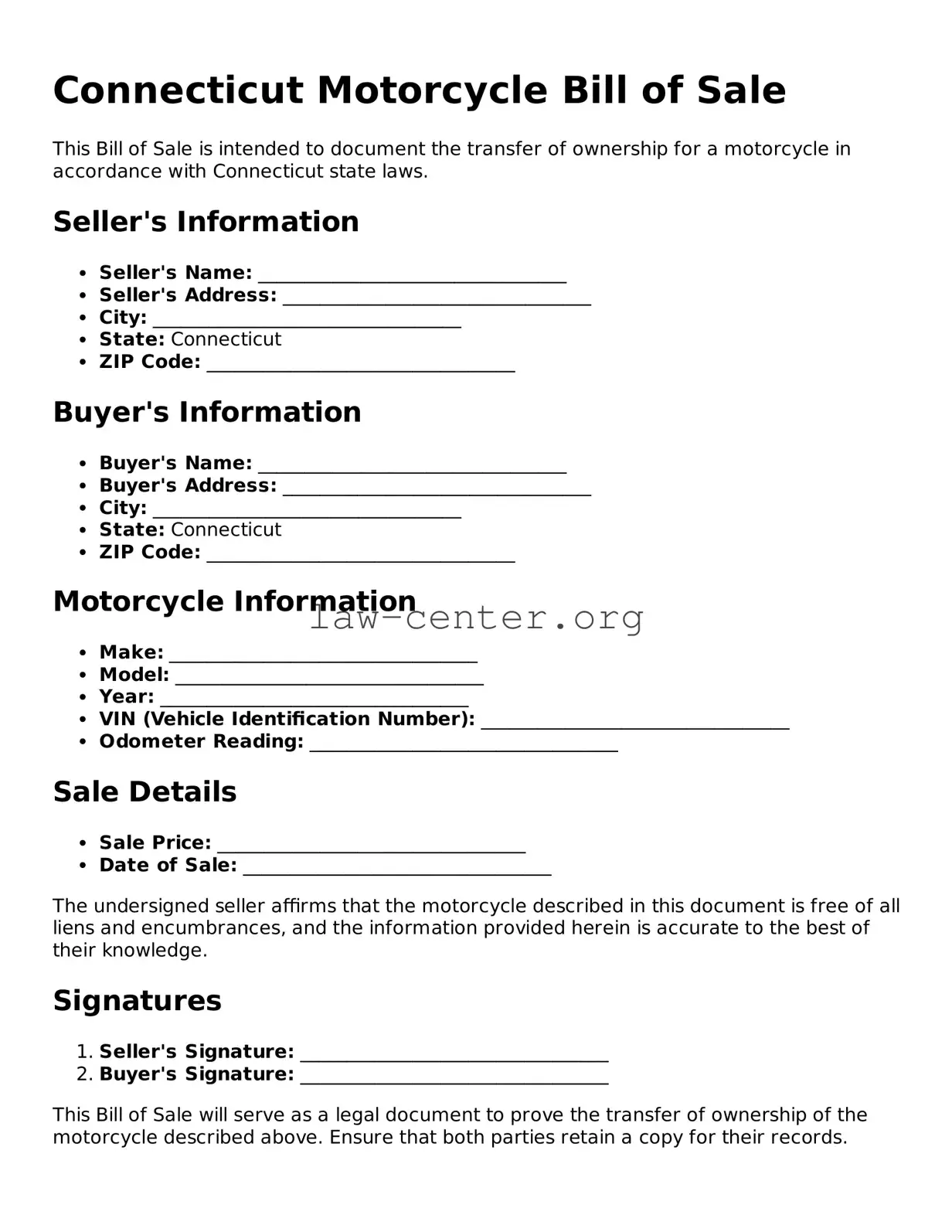 Attorney-Approved Connecticut Motorcycle Bill of Sale Document