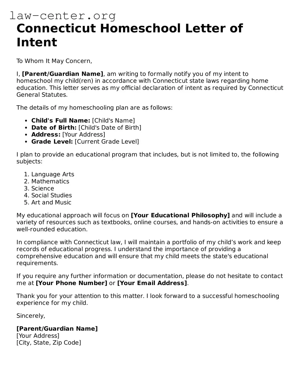 Attorney-Approved Connecticut Homeschool Letter of Intent Document