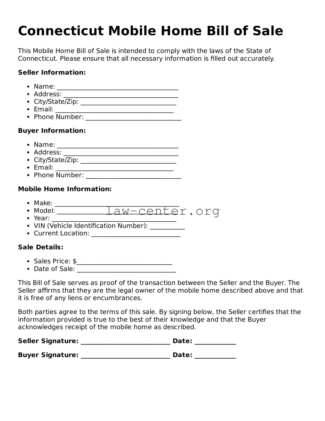 Attorney-Approved Connecticut Mobile Home Bill of Sale Document