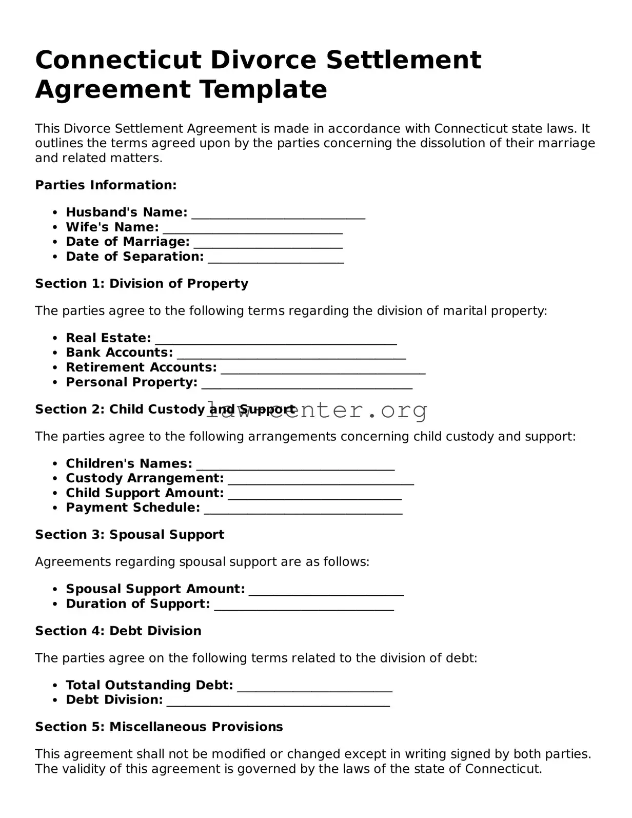 Attorney-Approved Connecticut Divorce Settlement Agreement Document