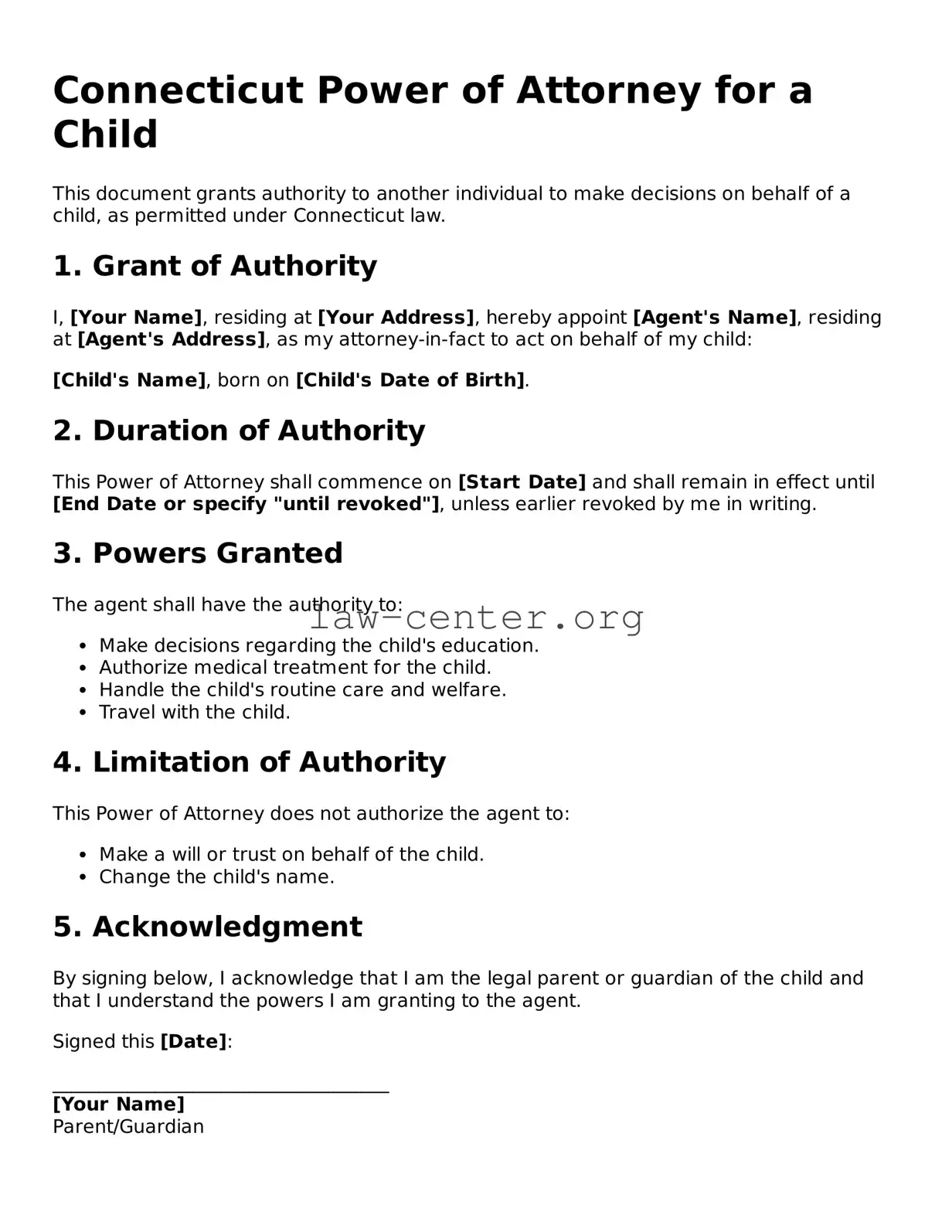 Attorney-Approved Connecticut Power of Attorney for a Child Document