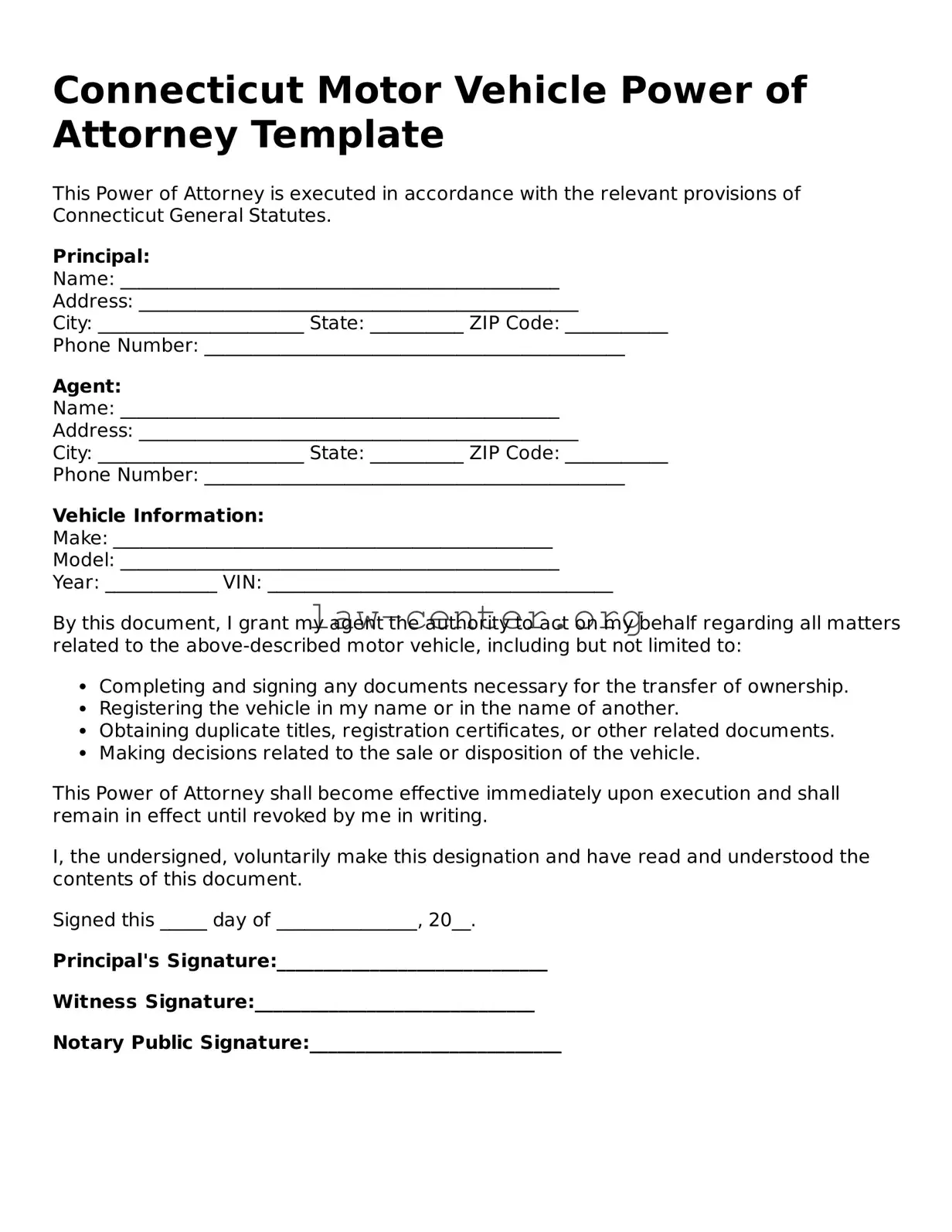 Attorney-Approved Connecticut Motor Vehicle Power of Attorney Document