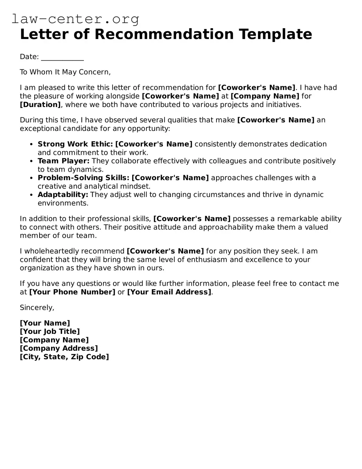 Free Letter of Recommendation for Coworker Template